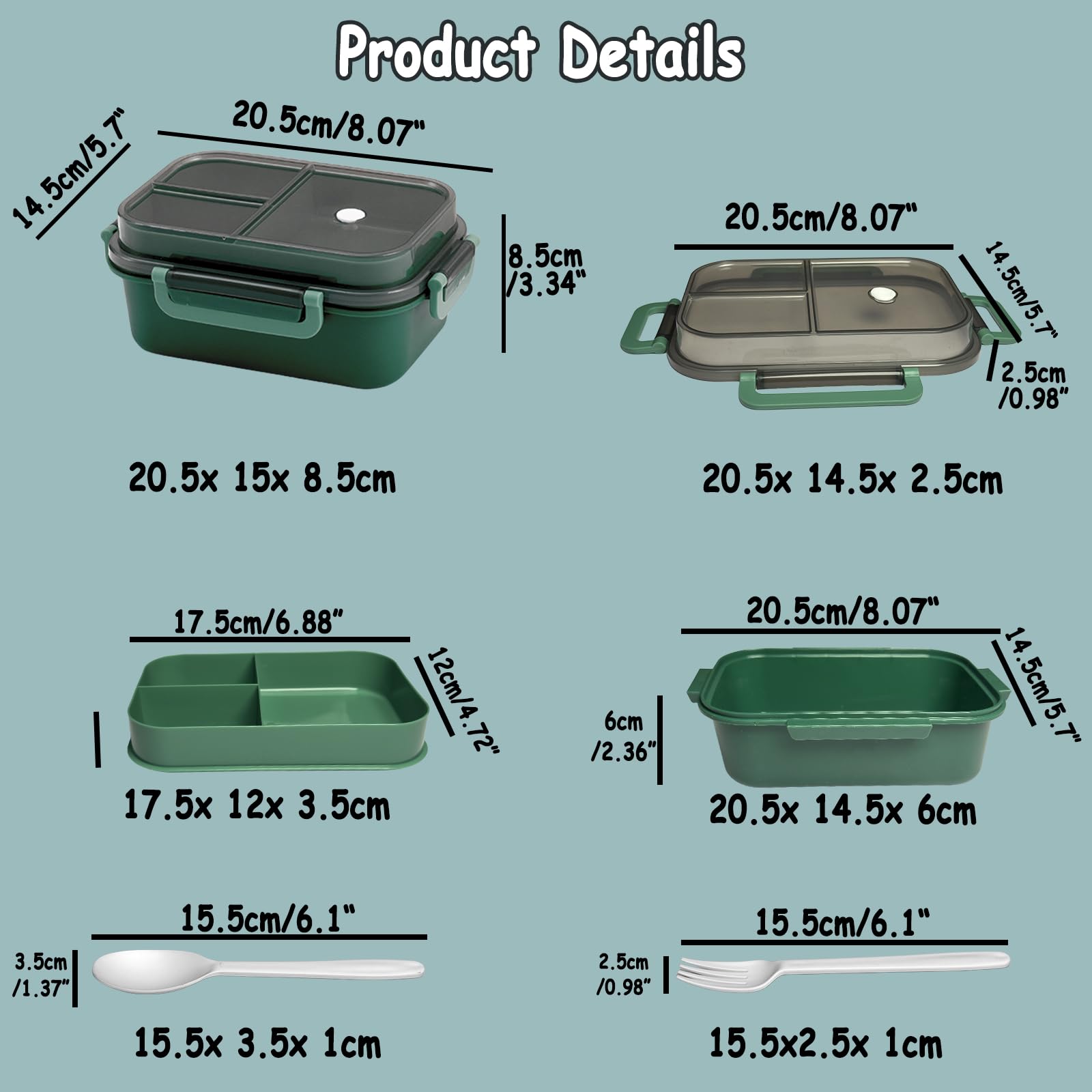Echehi Portable Lunch Boxes, 2 Layers All-in-One Stackable Lunchbox Utensil Set for Dining Out Work, Picnic. Green - Image 3