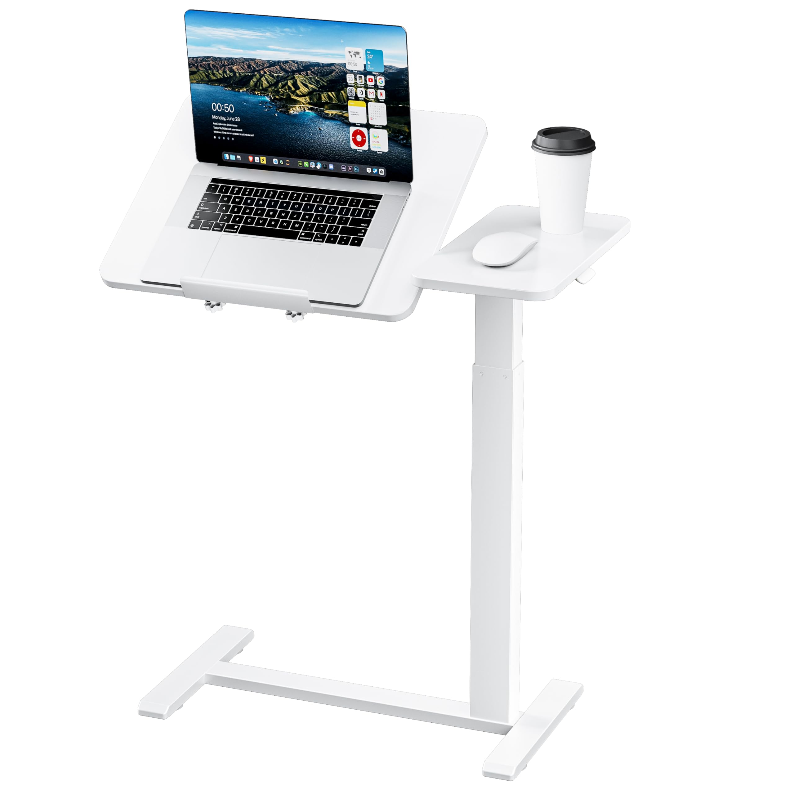 Ywin Flip Overbed Table, Hidden Wheels, Pneumatic Lift, Bedside Sofa White
