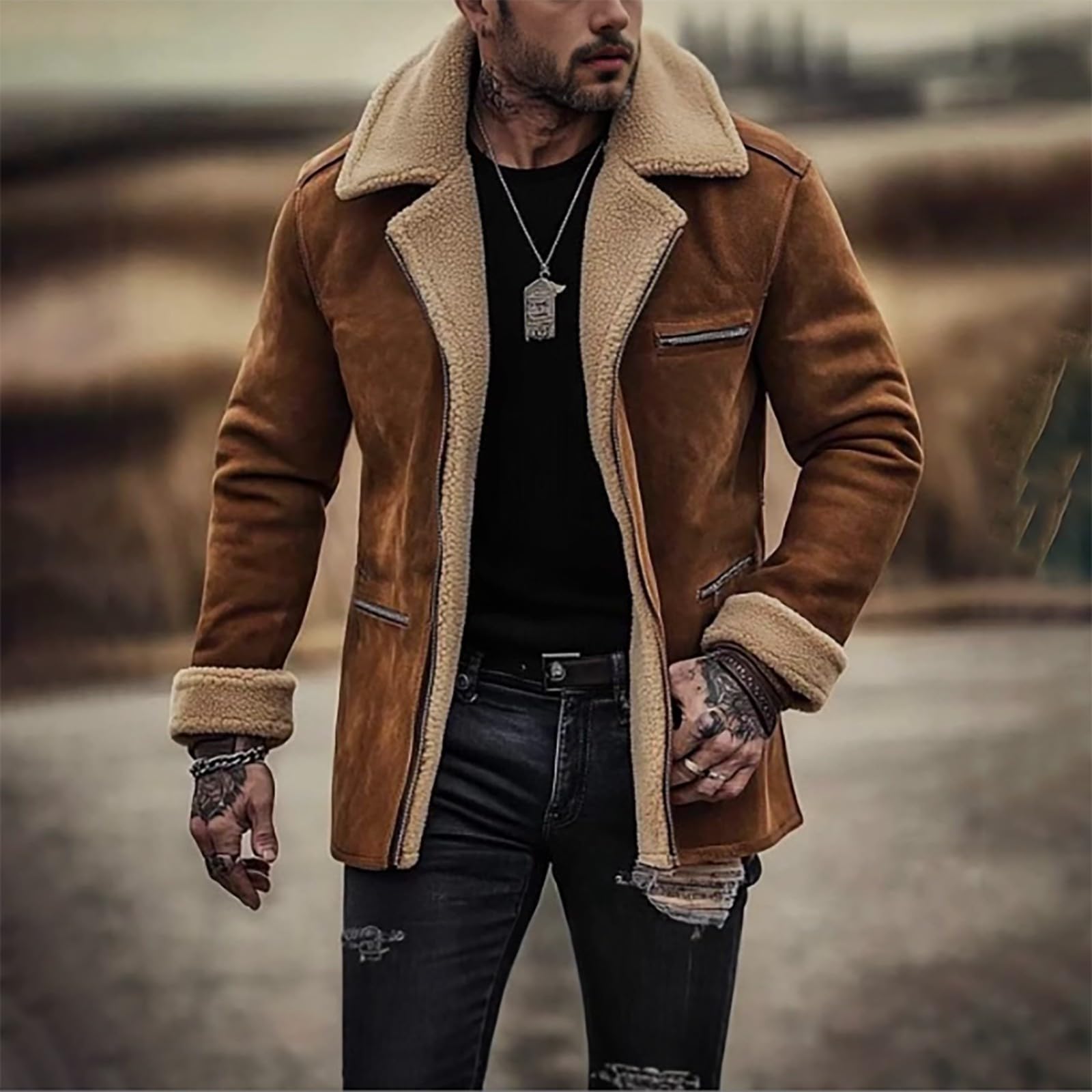 Generisch Jeansjacke Herren Gefüttert,Winterjacke Herren Wildleder Übergangsjacke Warmer Freizeitjacke Vintage Herrenjacke Mit Multi Taschen Outdoorjacke Winddicht Overcoat Kerbkragen Wintermantel