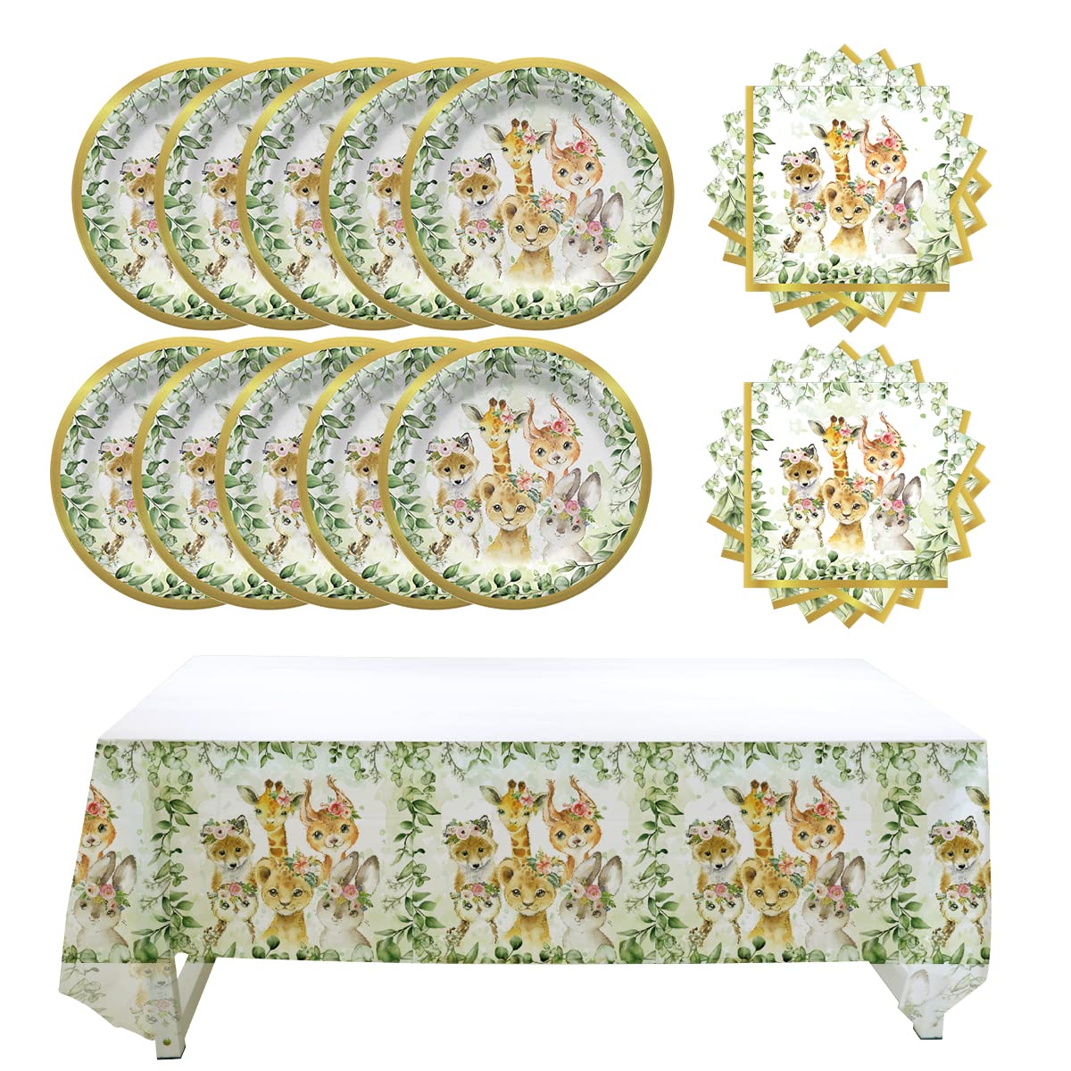 LOSHINEWild One Birthday Decorations Supplies,Animal Party Supplies Tableware,20 Sage Green Plates and 20 Napkin and Tablecloth for Jungle Safari 1st Birthday Party Supplies