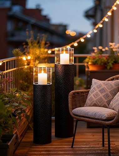 Miniatura 4 de Sziqiqi Tall Floor Candle Holders: 34/27 inch Hurricane Pillar Candleholders Set of 2 for Home Decor - Large Black Cylinder Candle Stand for Outdoor