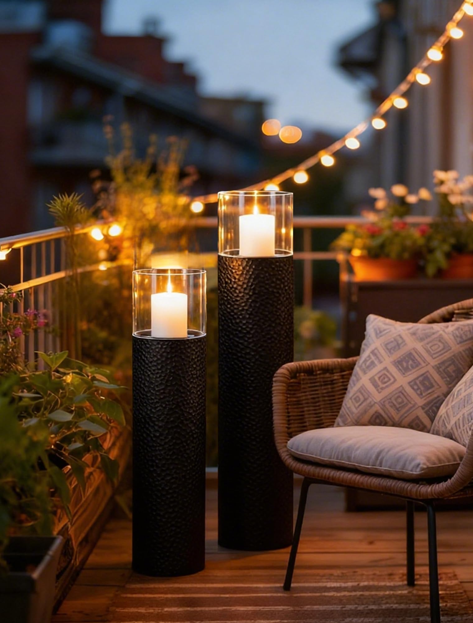 Sziqiqi Supports pour Bougies Hauts sur Pied: Lot de 2 Supports Hurricane pour Décoration - Structure Cylindrique Noire 85/70 cm en Ornement de Sol pour Salon et Cheminée