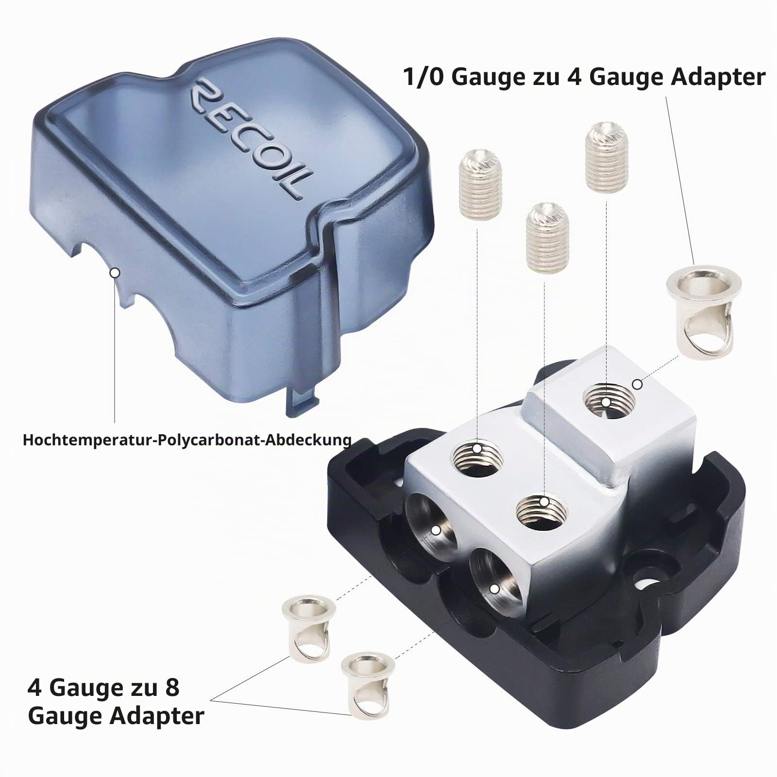 RECOIL DB12P Stromverteilerblock 2-Wege 2er-Pack, je 1x Eingang 50/35/25 mm² (0/2/4 AWG) / 2X Ausgang 25/10 mm² (4/8 AWG), für Auto-Audio, Verstärker & Splitter