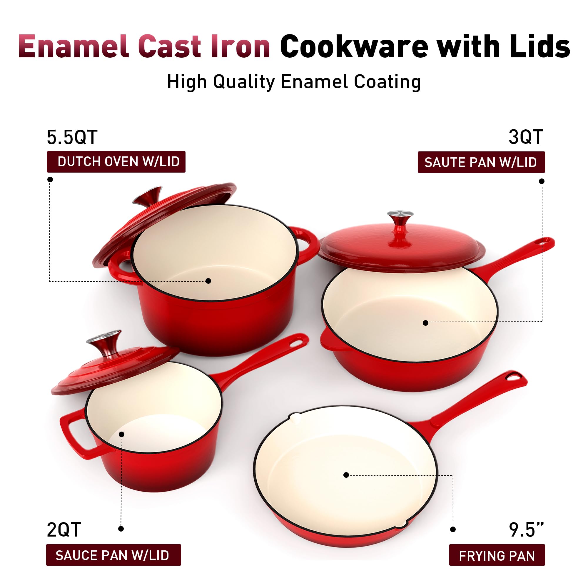 Kitchen Academy, Set di pentole in ghisa smaltata, set da 7 pezzi di forni olandesi, padella, padella, 3 coperchi, set da forno olandese, set di pentole e padelle antiaderenti, rosso