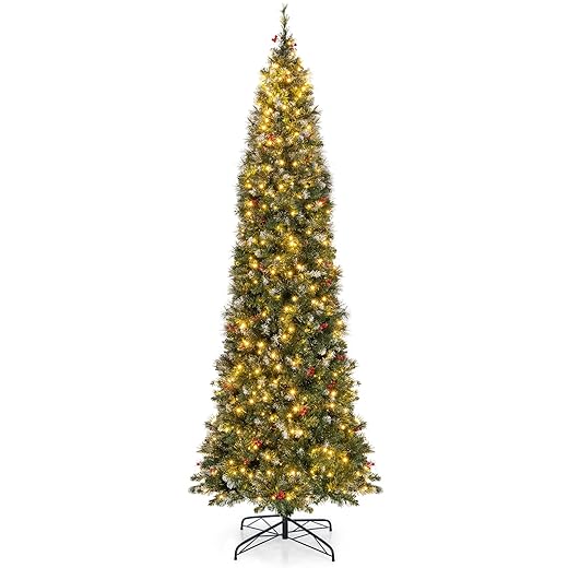 GOFLAME 7 FT Pre-Lit Pencil Christmas Tree, Hinged Artificial Xmas Tree with Pine Needles, 818 Branch Tips, 350 LED Lights & 46 Clusters of Red Berries, Holiday Decoration Tree with Silver Powder