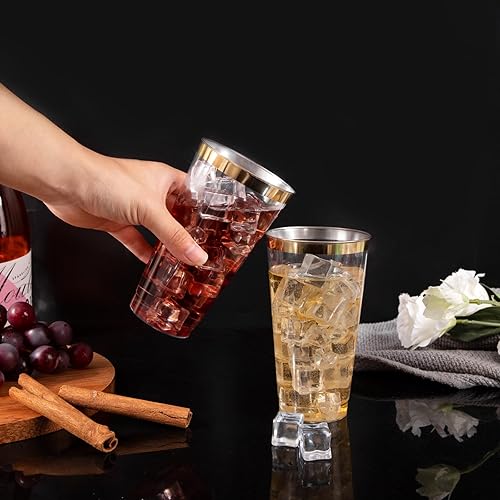 Miniatura 4 de WDF Paquete de 100 vasos de plástico dorados, vasos desechables con borde dorado de 12 onzas para fiestas, reuniones de vacaciones, bodas