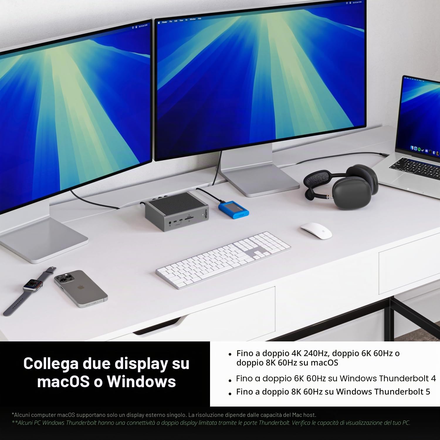 CalDigit TS5 - Dock Thunderbolt 5 - 15 porte, ricarica dedicata host 140W, Thunderbolt 5 80 Gb/s x4, USB-C 10 Gb/s x3, USB-A x2, 2.5 GbE, Dual 8K@60Hz, SD & microSD UHS-II, cavo intrecciato da 1 m
