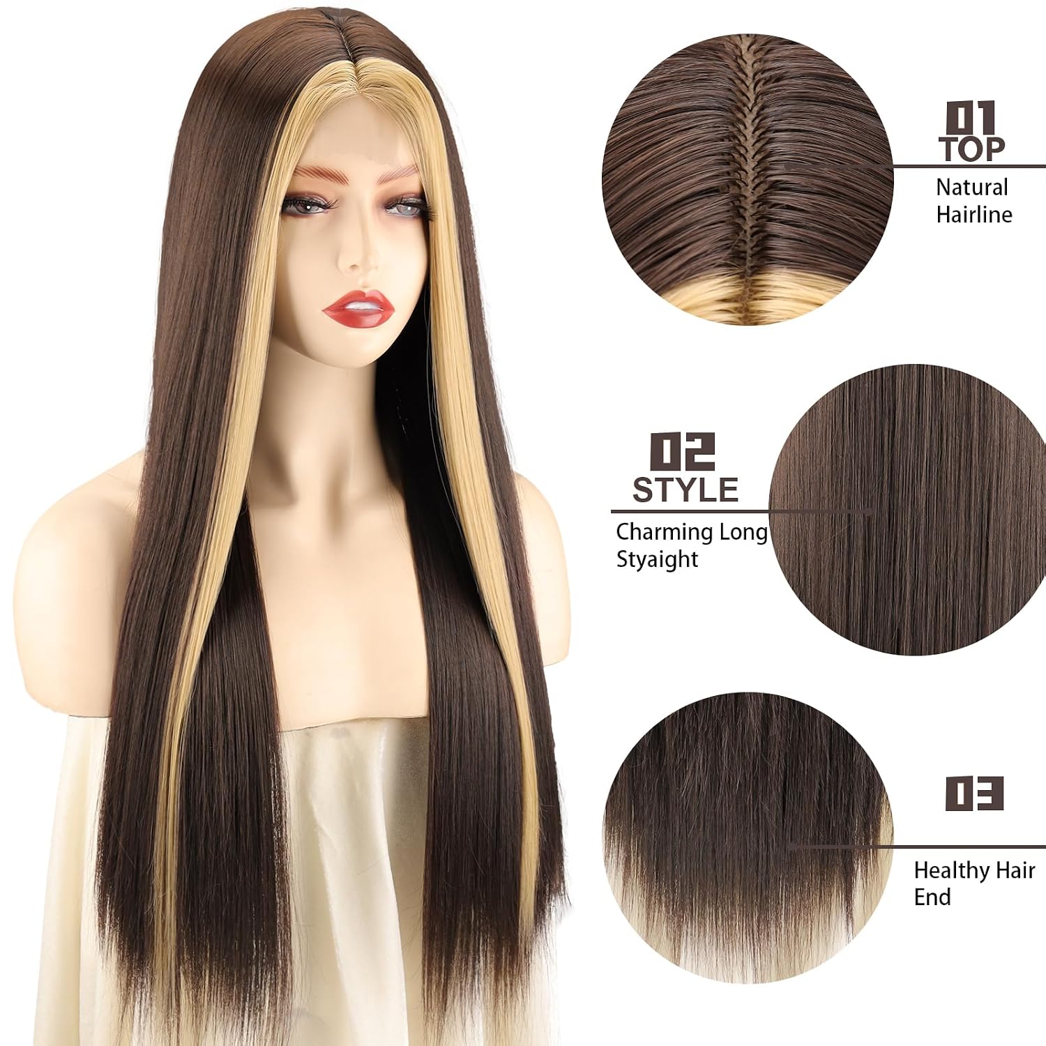 Xinran Long Dark Brown Blonde Highlight Wig Women Middle Part Synthetic image 3