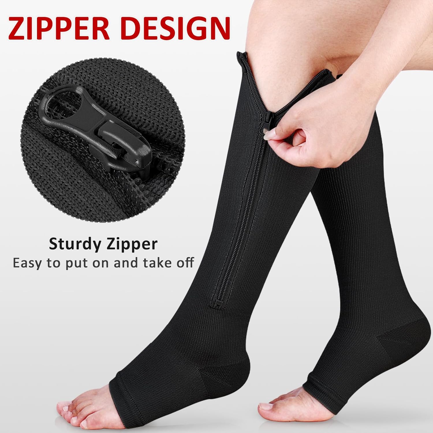 Ailaka 3 Pairs Compression Socks with Zipper, 15-20 mmHg Medical Knee High Compression Socks for Men Women, Open Toe Socks for Varicose Veins, Edema, Recovery(Black, L-Xlarge)