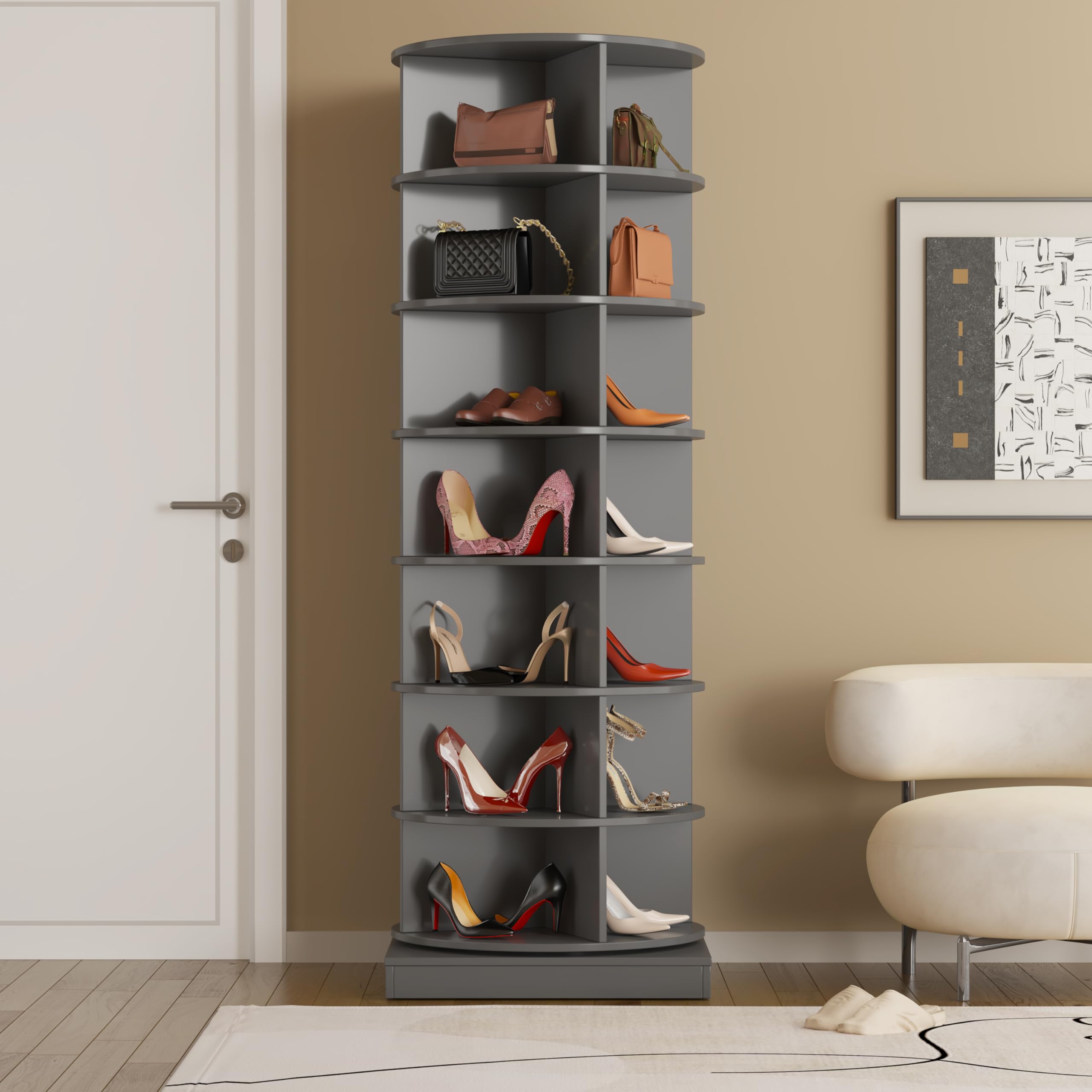 Drehregal 5 Ebenen | Rotierendes Schuhregal & Mehrzweckregal | Eckregal rund 115x60 cm | Vielseitiges Aufbewahrungsregal für Schuhe, Deko, Bücher | Platzsparendes Standregal (Grau)