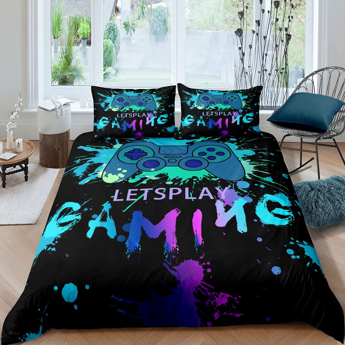 Juego de ropa de cama con botones modernos y coloridos para videojuegos, juego de ropa de cama y ropa de cama para niños, adolescentes, ropa de cama y ropa de cama Super King con 2 fundas de almohada