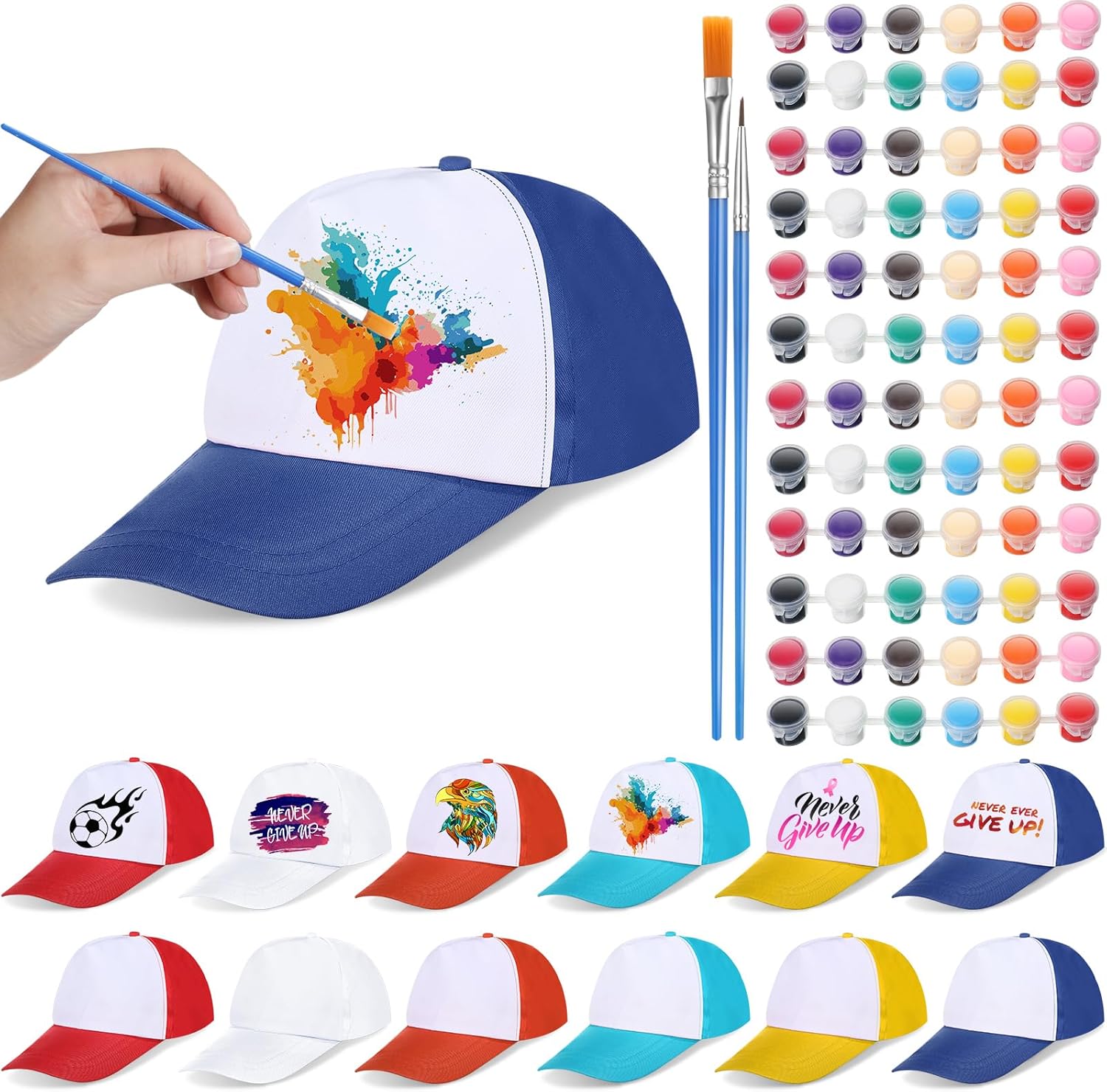 Sonwyoung 12 Set DIY Blank Baseball Caps Kit DIY Base Ball Caps Painting Set with 12 Acrylic Paint Strips and 24 Painting Brushes Blank Baseball Hats for Party Supplies Crafts Art, Muliticolor