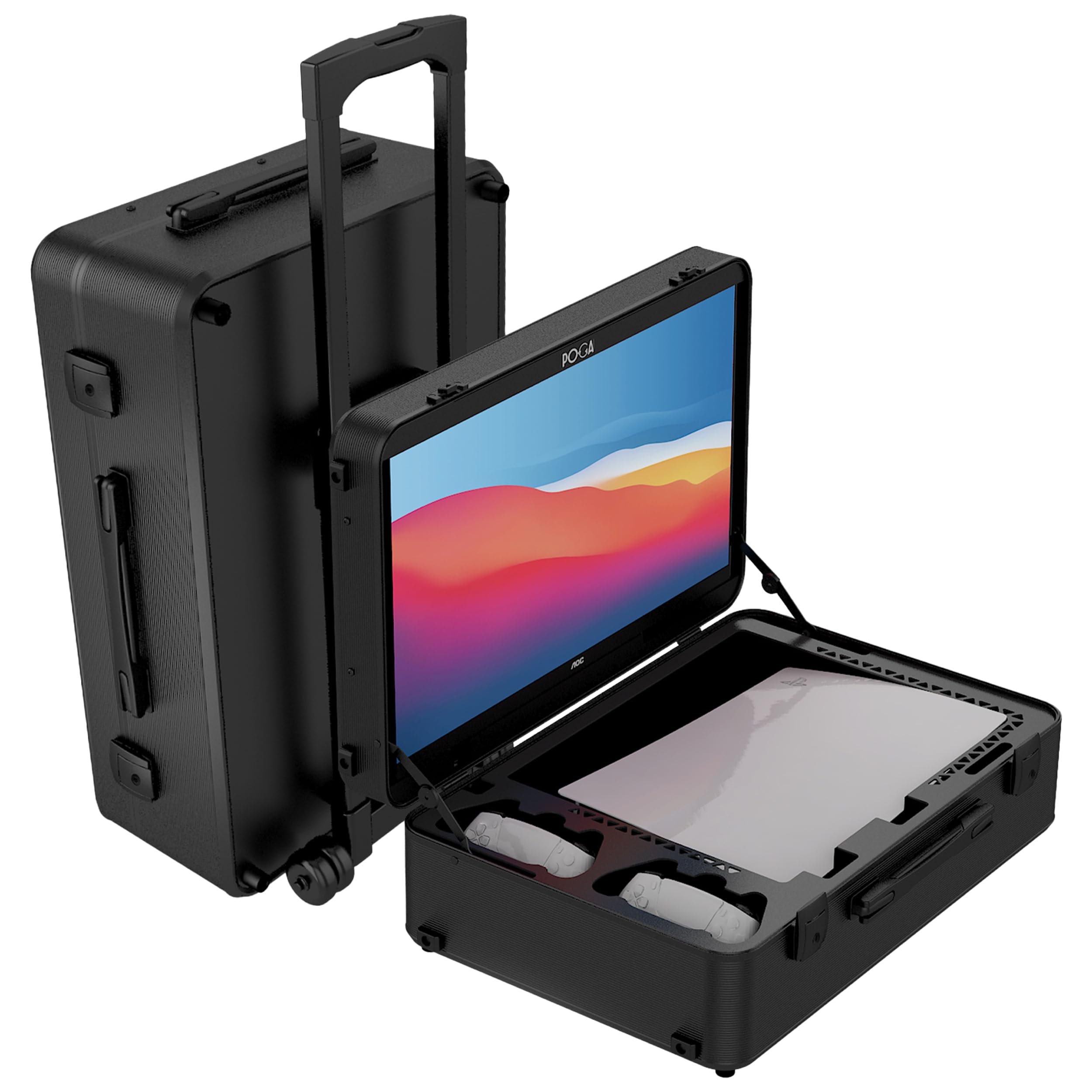 POGA Lux Black - Custodia da gioco (compatibile con PlayStation 5), valigia da viaggio con monitor da gioco AOC da 24'' e carrello - Nero
