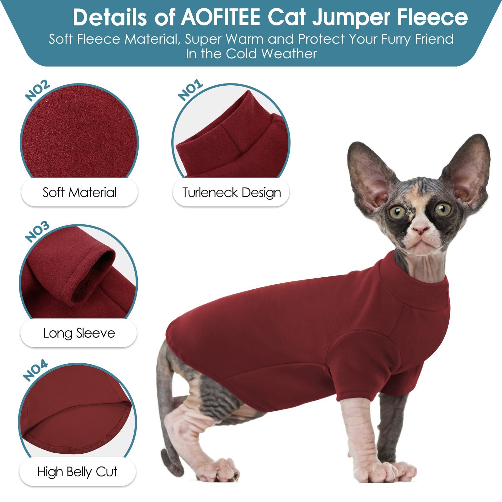 AOFITEE Turtleneck Jumper for Cats Soft Sphynx Cats Shirt Hairless Cat Jumpers with Sleeves - Image 2