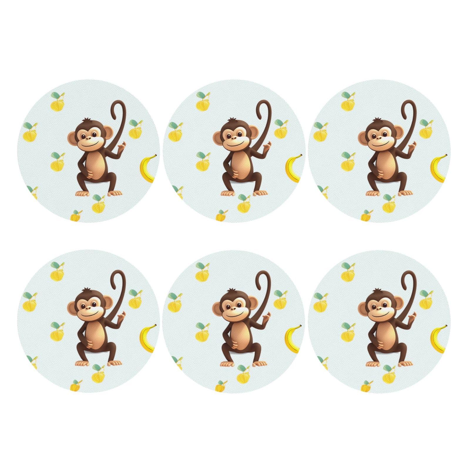 6pcs Leather Coasters for Drinks, Monkey and Banana Drink Coasters for Tabletop Protection, 4" Cup Coasters for Coffee Table Decor, Non-Slip Drinking Cup Mat for Hot Or Cold Drink