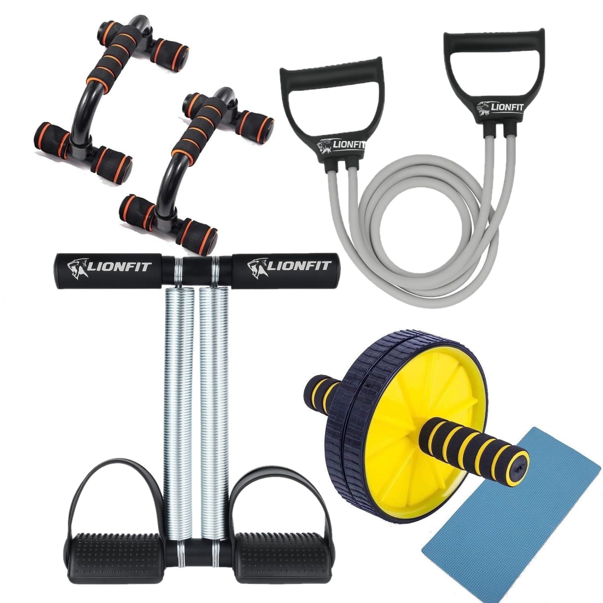 LIONFIT 4-in-1 Home Gym Combo Kit for Men & Women | Tummy Trimmer, Push-Up Bars, Resistance Tube, Ab Roller with Knee Mat | Full Body Workout Set | Portable Fitness Equipment for Home Exercise (BLACK)