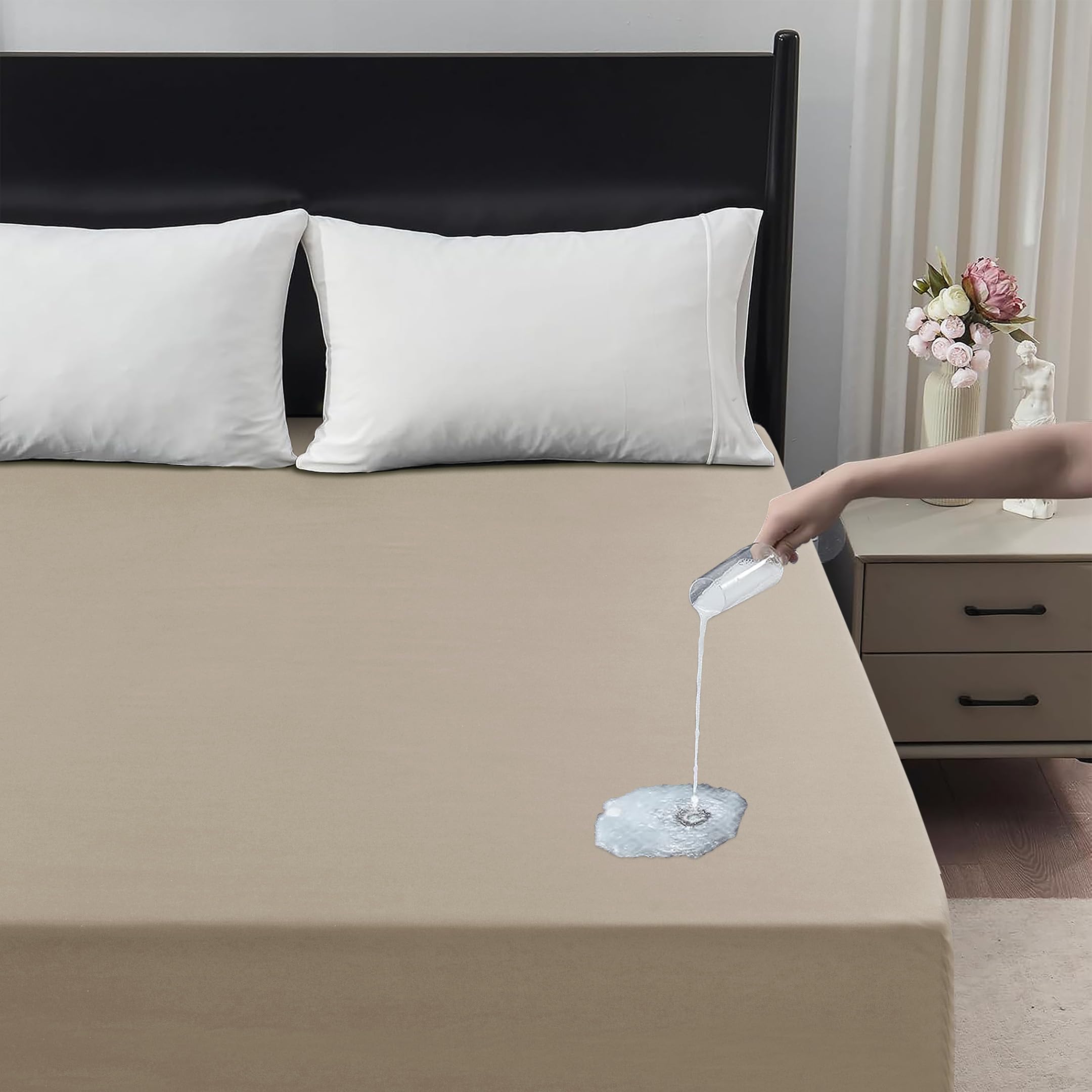 Waterproof Fitted Sheet – Mattress Protector | Soft Breathable Noiseless Bed Cover, Fitted Bed Sheet 30cm Deep Pocket, Durable Microfiber Fitted Mattress Cover (Beige, King)