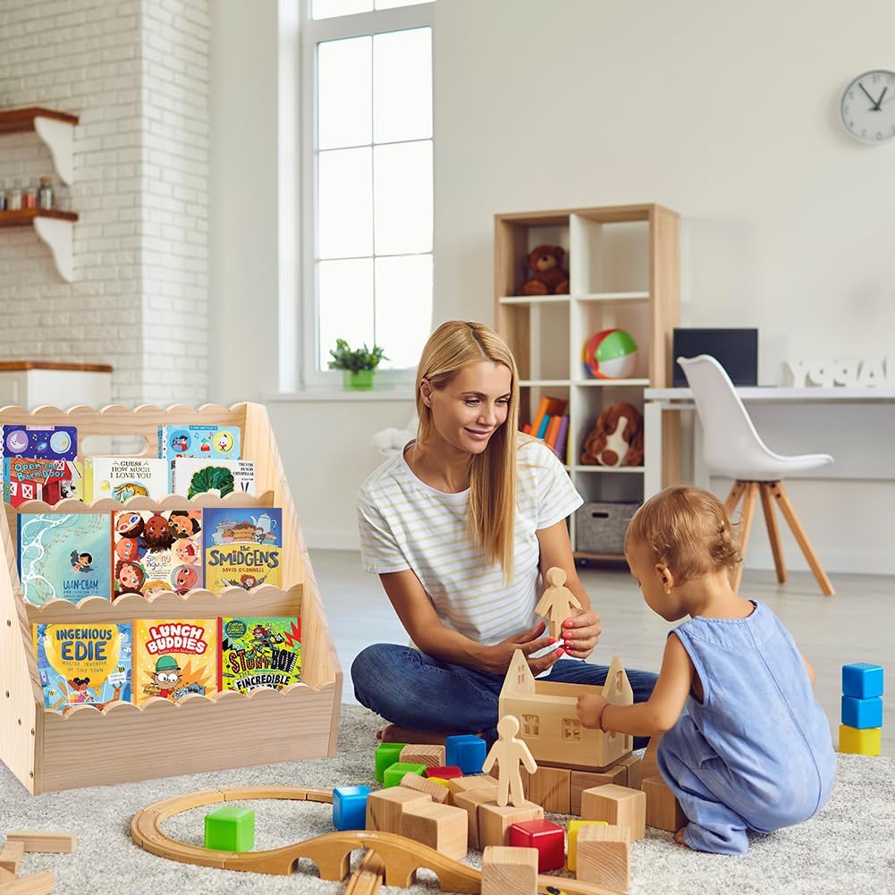 Scalloped Bookshelf for Kids with Handle, 3-Tier Small Wooden Bookcase for Toddlers, Montessori Style Kid Book Shelf for Nursery Room, Bedroom image 5