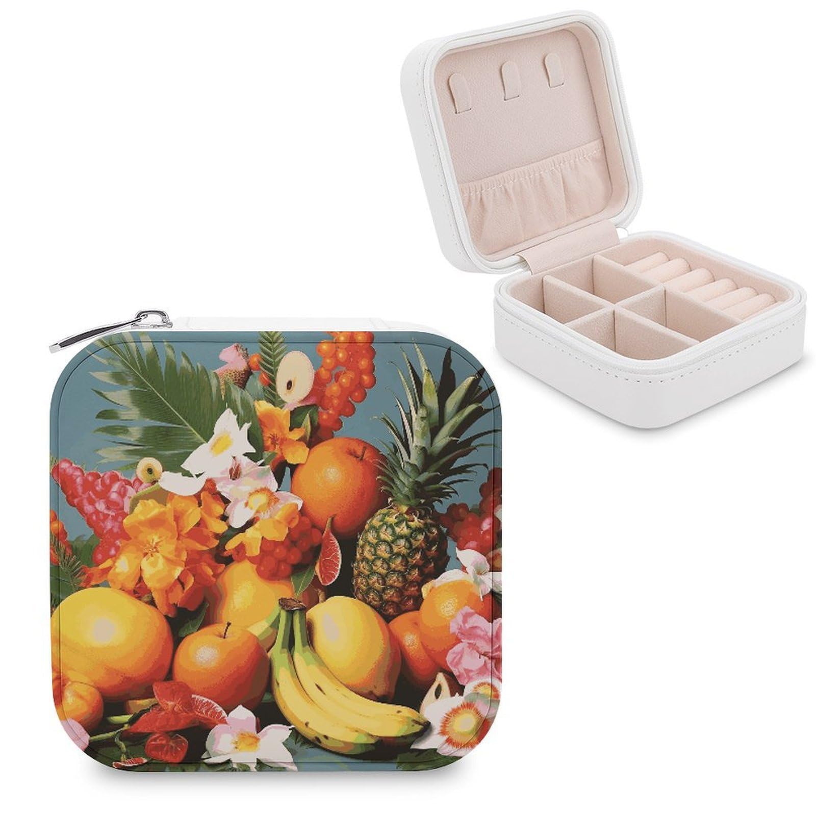 MUSM Tropical Fruits And Flowers Travel Jewelry Case Personalized PU Leather Jewelry Boxes for Women Small Portable Jewelry Organizer Box Cute Trinket Box for Necklaces Rings Earrings & Gifts