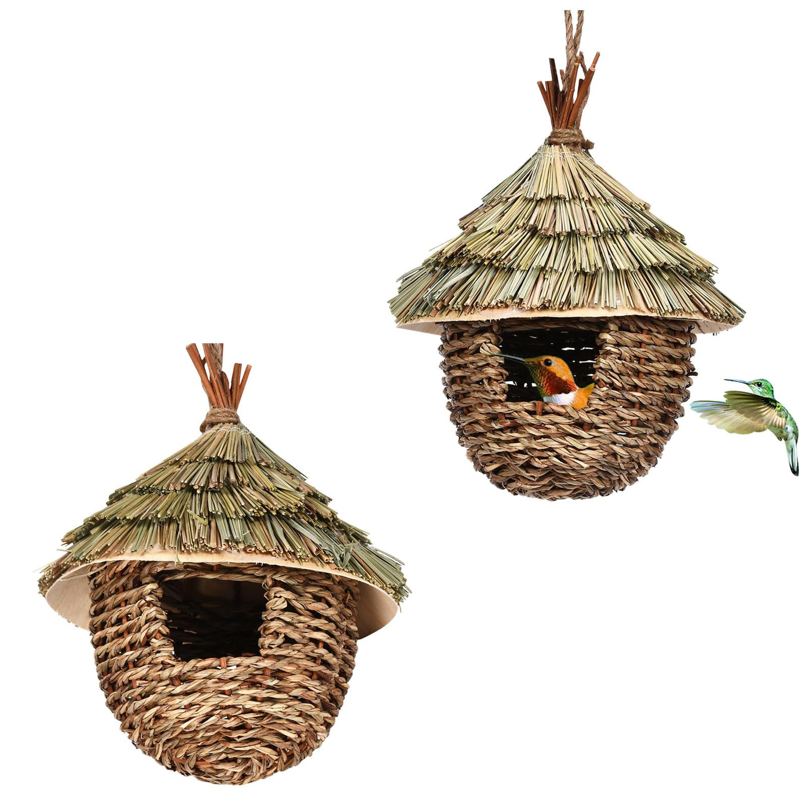 2pcs Bird Nest Grass Wicker, 17x22cm Hand Woven Bird House For Garden Or Outdoor,Nesting Box Robin For Hanging,Grass Birds Nesting, Hummingbird House Hanging Birds Nestings Boxes For Home,Patio, Porch