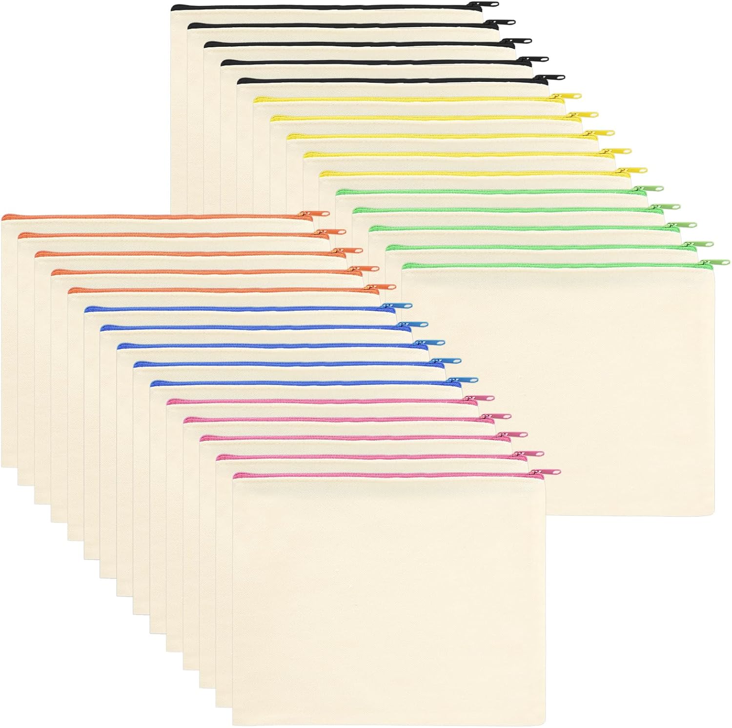 30Pcs Canvas Pencil Pouches, Canvas Zipper Pouch Makeup Bags Bulk, Blank DIY Pencil Bags with 6 Colors Zipper for Cosmetic Invoice Bill Travel Toiletry, 9.2 × 7 Inch