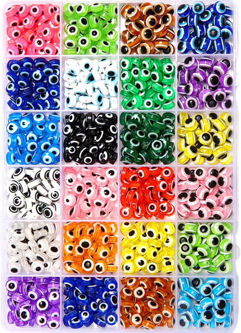 24 Style 800 pcs Evil Eye Beads for Jewelry Making, Evil Eye Charms with 1mm Hole
