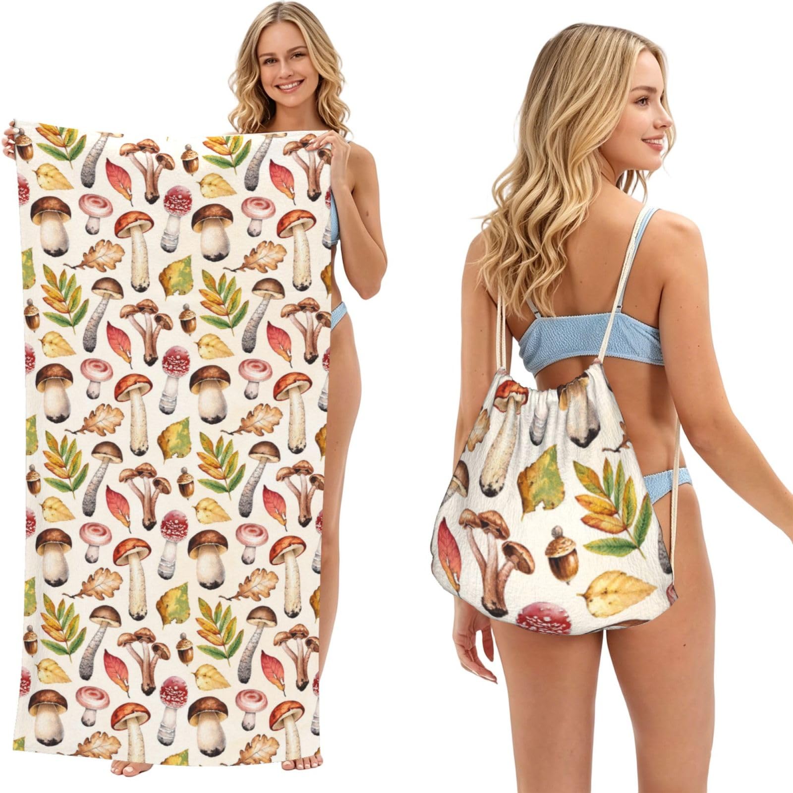 Poadnly As Picture Watercolor Mushrooms Printed, 2 In 1 Packable Towel Bag, Beach Towels With Drawstring Backpack For Travel Holiday Camping