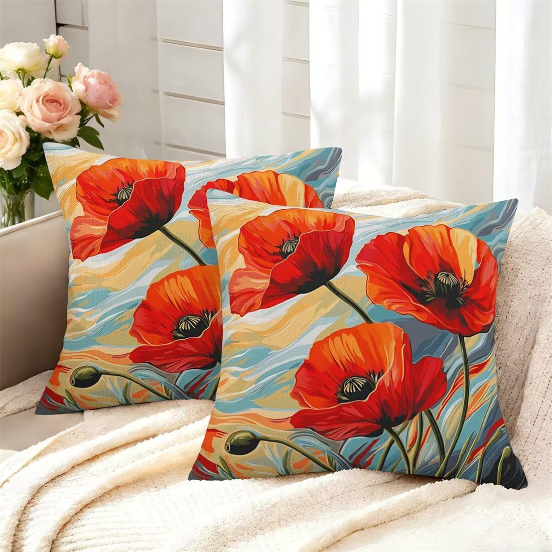 Outdoor Kissen Wetterfest Kissenbezüge 55x55 cm 2er Set Kissenbezug Mohnblume Sofakissen Deko Kissen Abstrakt Wasserfeste Frühling Sommer Kissenhülle Gartenkissen Zierkissen für Balkon Patio -GY195