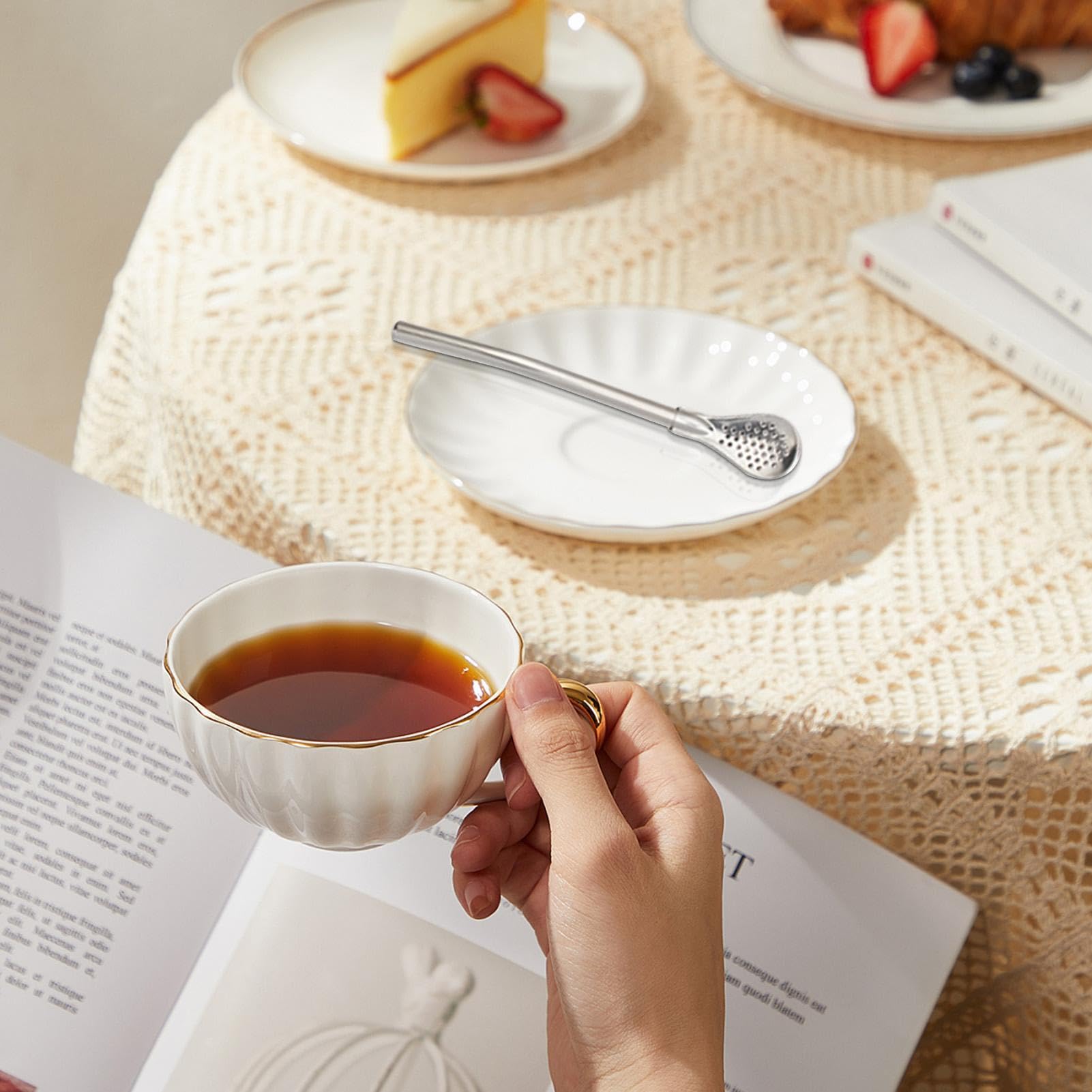 Cuchara De Paja De Acero Inoxidable, Juego De Paja De Flores, Té De La Leche, Bebida, Agitación