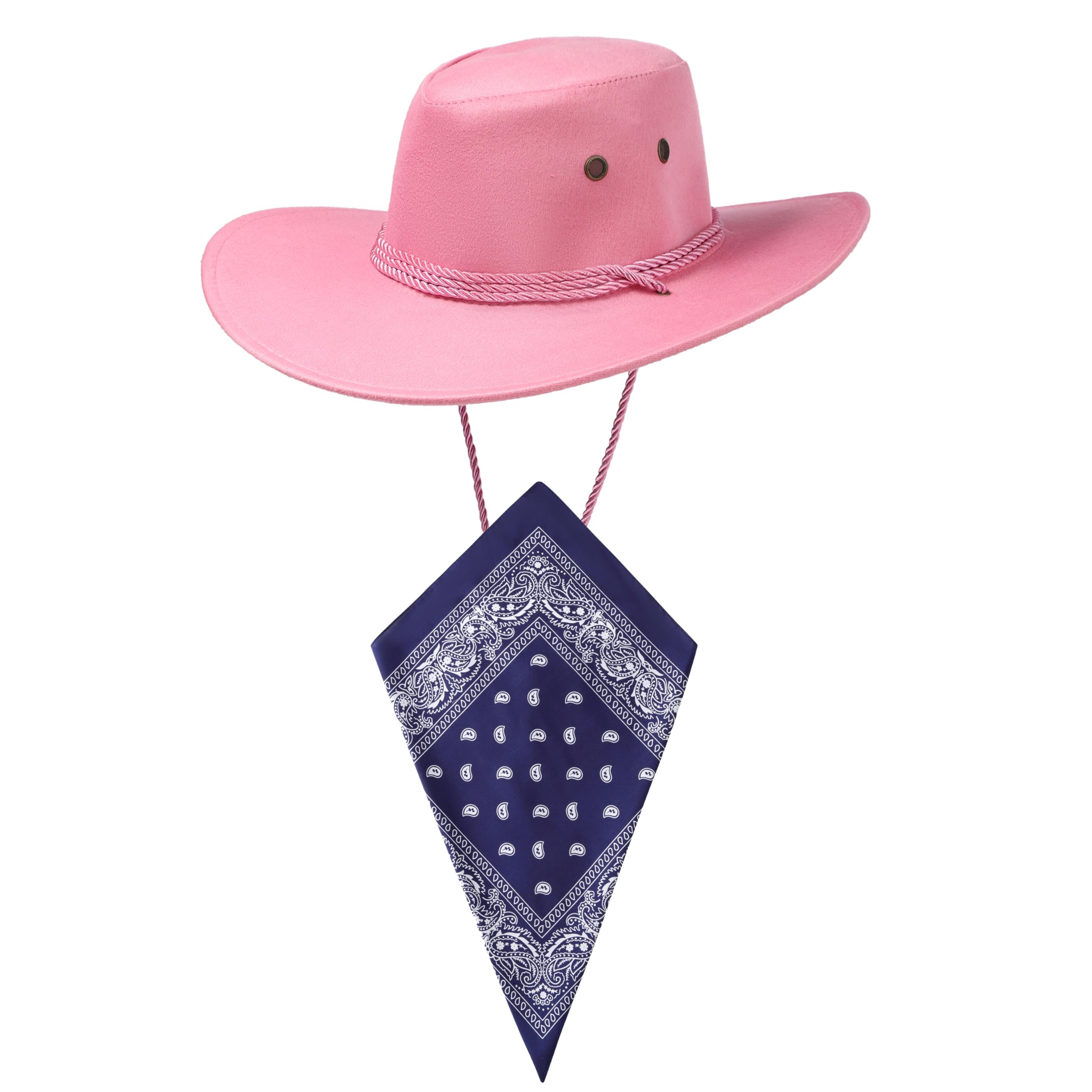 Komonee Pink Cowboy Hat and Navy Blue Bandana Western Sun Cap Faux Felt Leather Suede Fancy Dress Party Costume Outfit Neckscarf Sun Protection Mens Womens