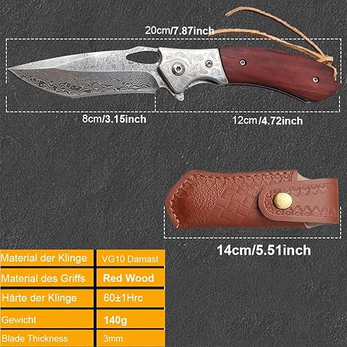 Miniatura 3 de wellsure Cuchillo de bolsillo de Damasco para hombres y mujeres, afilado VG10 Core Damasco cuchillo de campamento con funda de cuero, rodamiento de