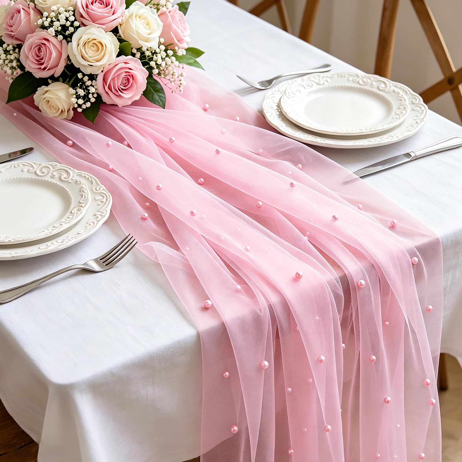 2 Pack Table Runner Pearl Pink Cheesecloth 75x300cm, Sheer Soft Gauze Crinkle Runner, Lightweight Romantic Elegant Tablecloth for Wedding Arch Decor, Bridal Shower, Birthday Party & Everyday Home