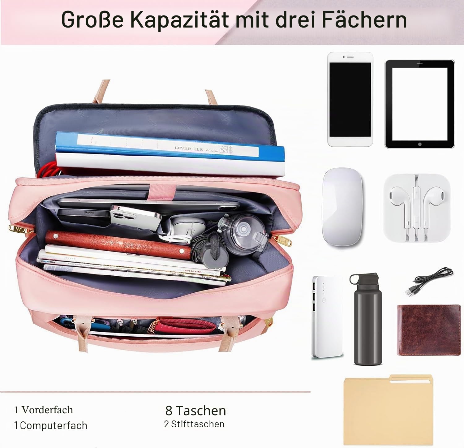 MATEIN Handtasche Damen Groß, Laptoptasche 17,3 Zoll Arbeitstasche mit Vielen Fächern Messenger Bag Businesstasche Frau Aktentasche Bürotasche Pink Laptop Bag Umhängetasche für Schule, Reisen, Rosa