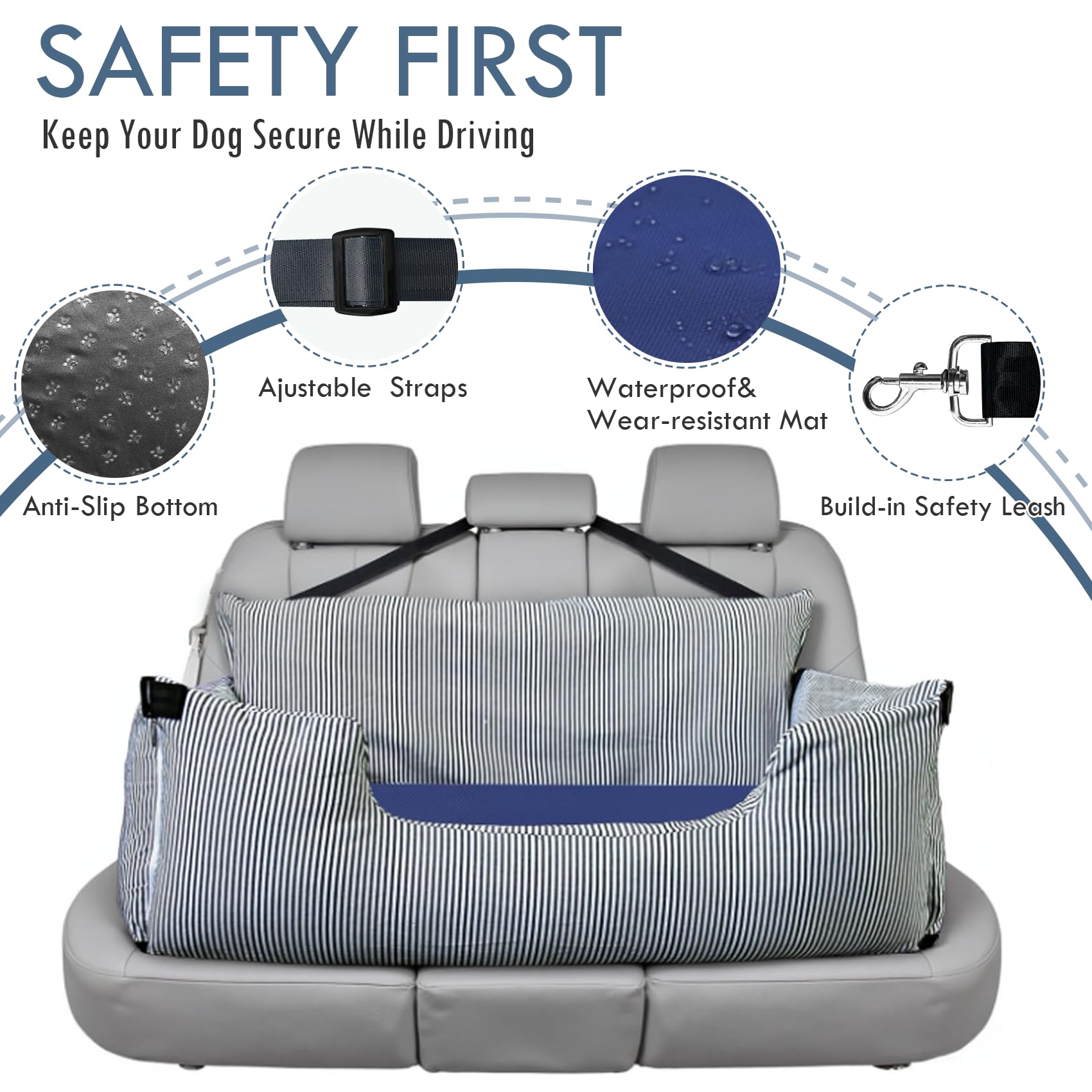 Siège auto pour chiens de grande taille jusqu'à 36 kg, lavable, pour banquette arrière de voiture, portable, avec 2 laisses de sécurité et support antidérapant