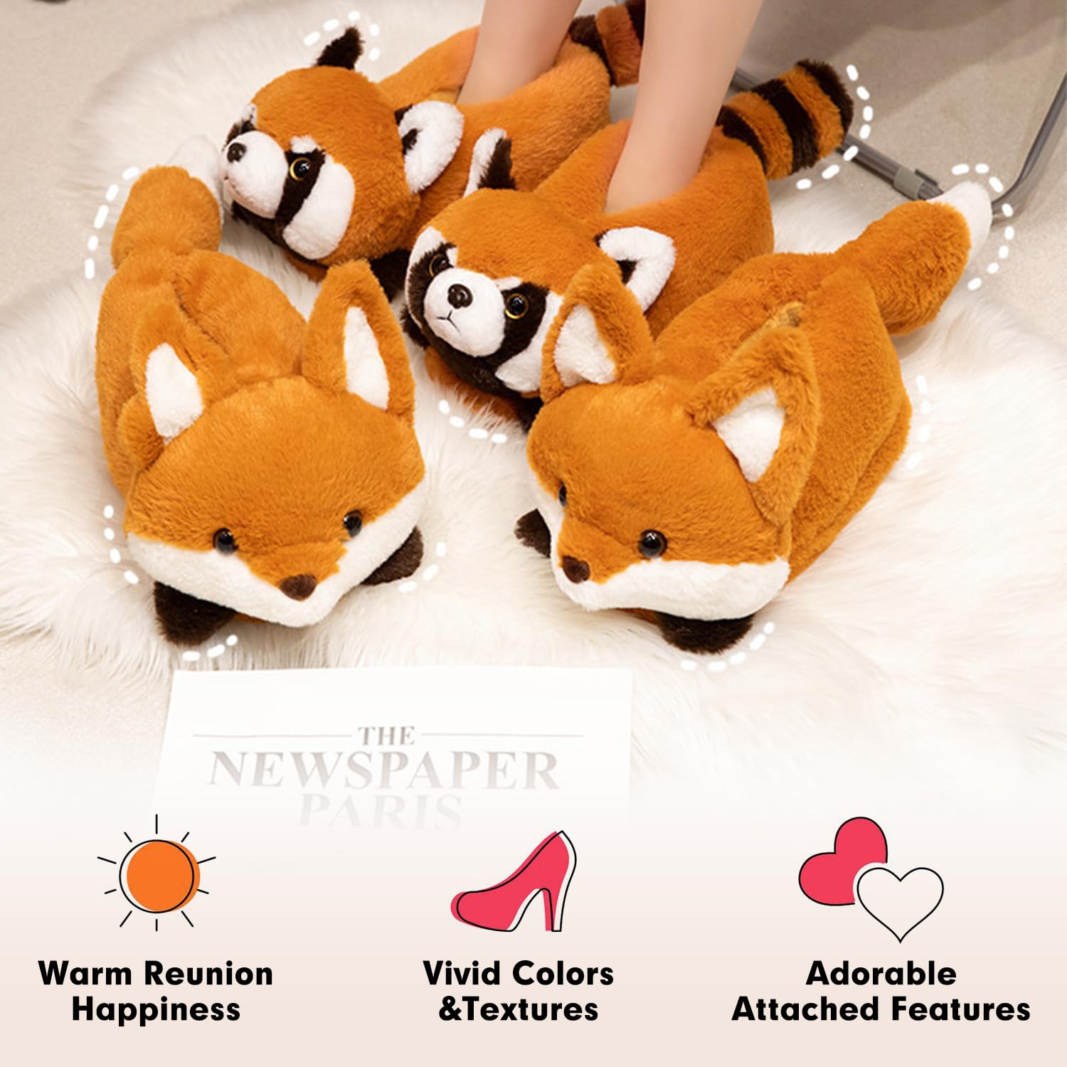 Women's Slippers Cute Wild Animal Fuzzy Plush Funny Slippers Novelty Fox Raccoon Red Panda Sloth Hedgehog Squirrel Koala Cozy Soft Winter Warm House Shoes for Indoor/Outdoor