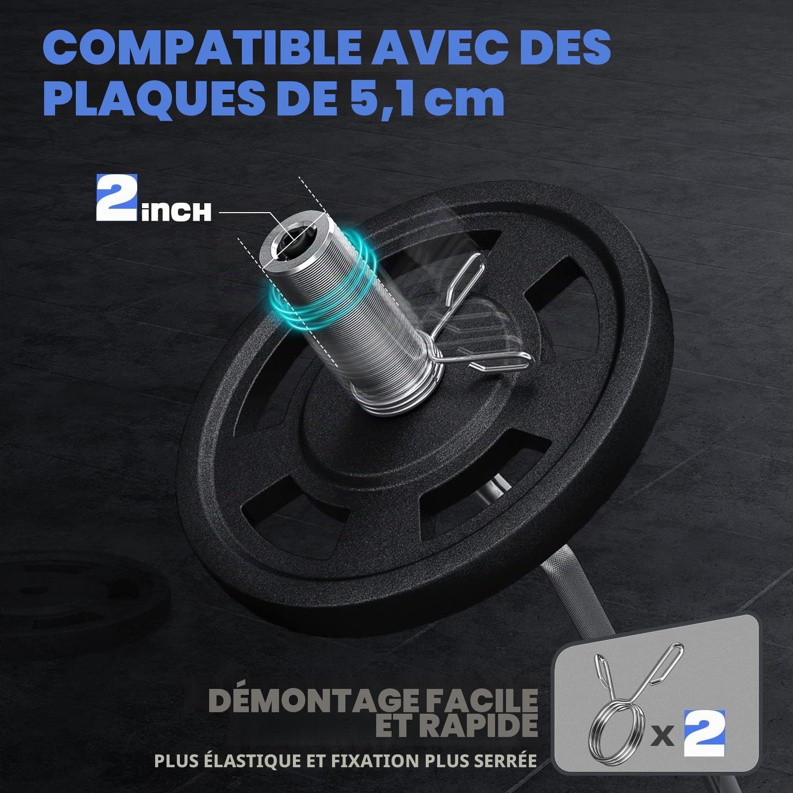 Olympic EZ Curl Barre d'haltère bouclée de 119,4 cm pour haltérophilie, poussées de hanches, squats, biceps, gym à domicile, barre de bouclagechromée avec 2 colliers à ressort pour disques de poids
