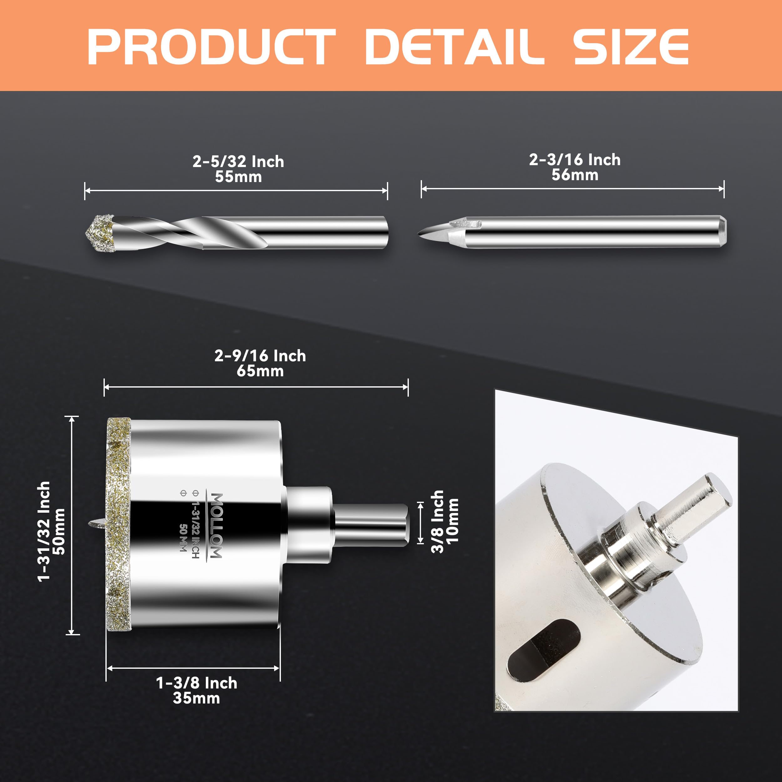 MOLLOM 1-31/32" (50mm) Diamond Hole Saw with 2Pcs Removable Pilot Drill Bit Smooth Cutting for Porcelain Tiles,Glass,Ceramic,Marble,Fiberglass,etc - Image 2