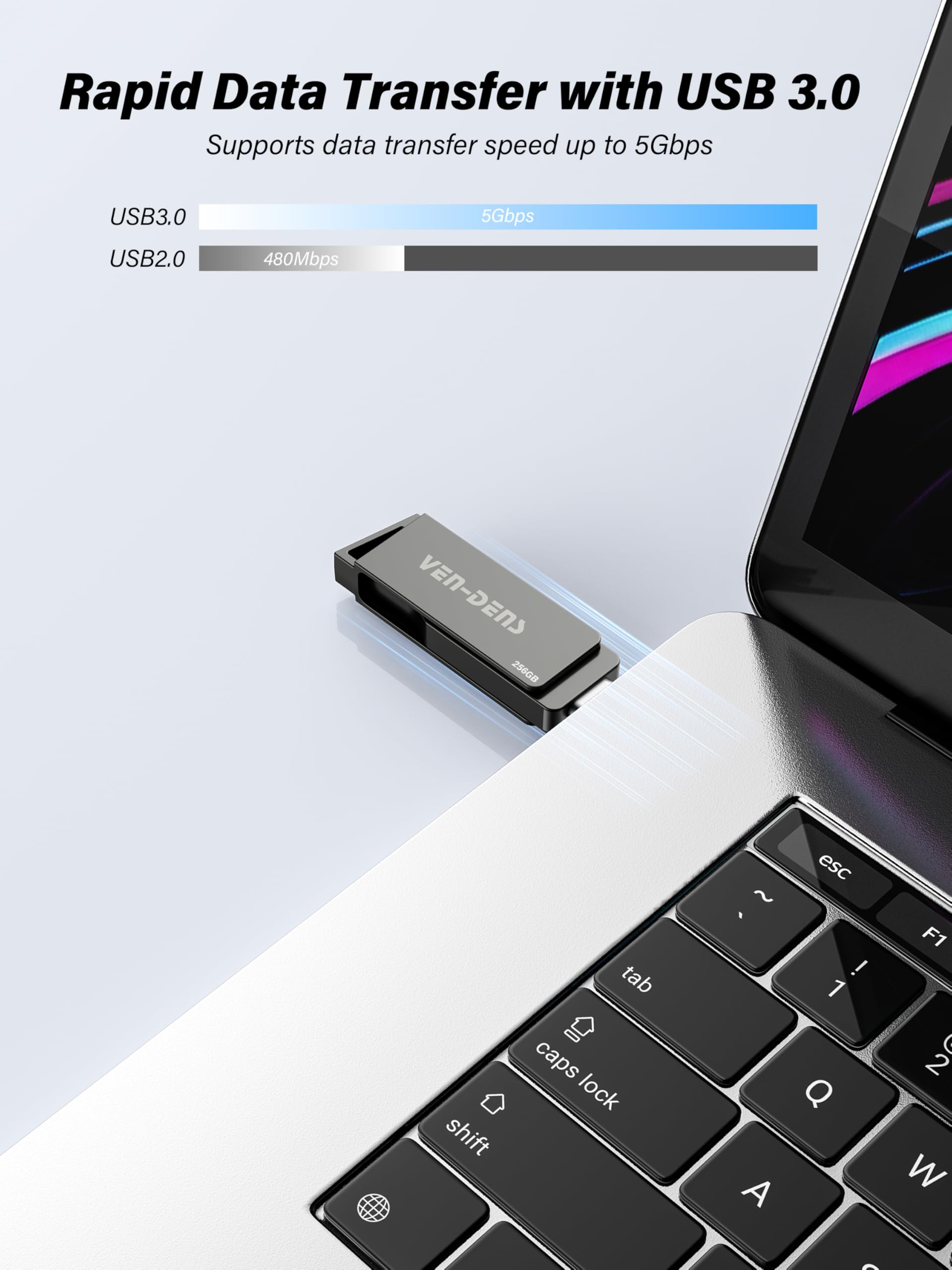 VEN-DENS Chiavetta USB 3.2 2 in 1 con doppia interfaccia di tipo C e USB-A, memoria esterna USB, in lega di zinco ad alta velocità, per Android, laptop, MacBook, Windows, smartphone e PC (256 GB)