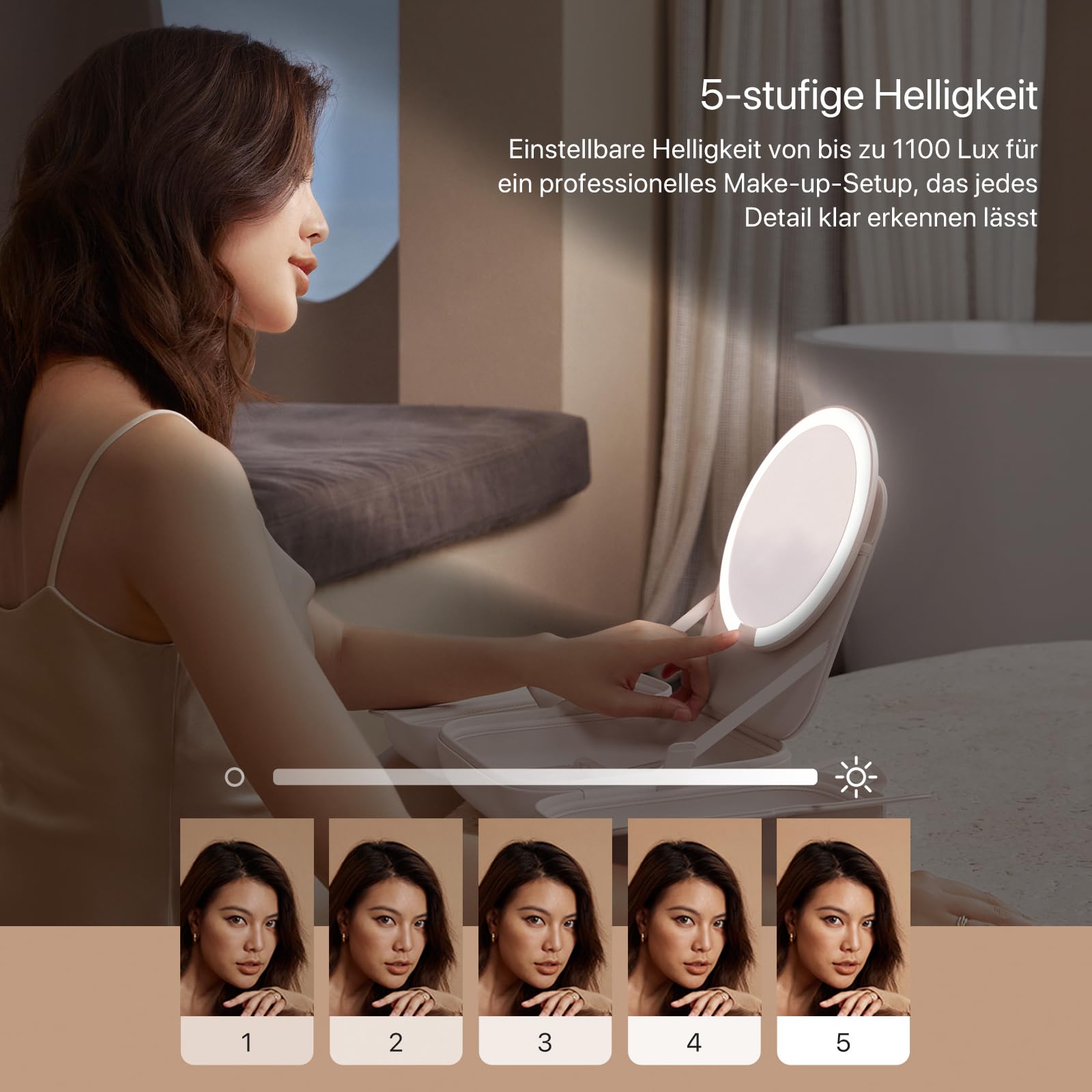 AMIRO M2 LumoCube Make-up-Spiegel mit Tasche, tragbarer LED-Make-up-Spiegel mit Lichtern, 5-stufige Helligkeit, 3-farbige Lichter, Reise-Make-up-Organizer, Rosa