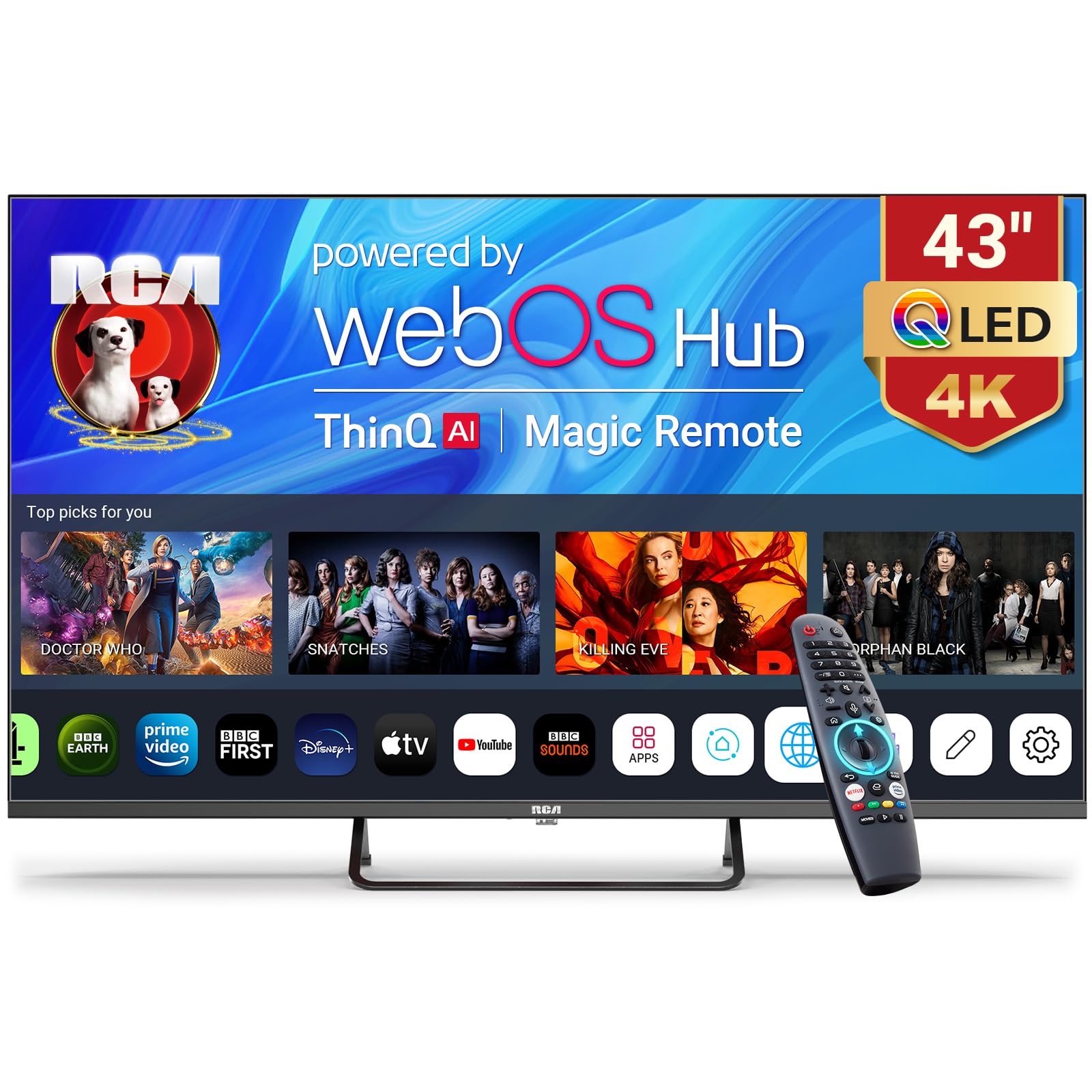 RCA Web OS TV 43-inch QLED 4K UHD Smart TV, MEMC HDR10 ThinQ AI, Voice Magic Remote Dolby Audio