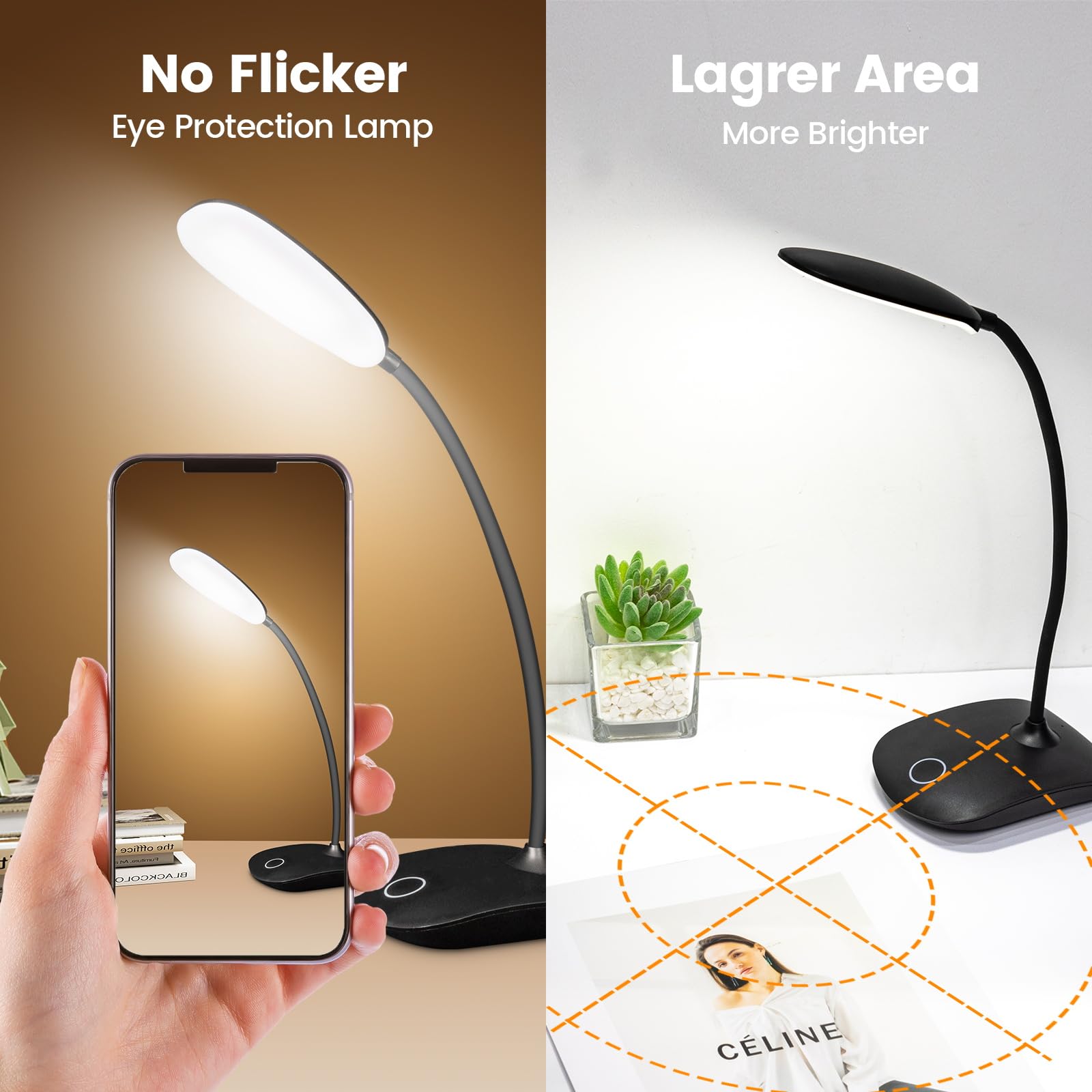 Lámparas de escritorio LED recargables, 3 modos de color, atenuación de control táctil, portátil, batería de 2000 mAh, paquete de 2 (negro)