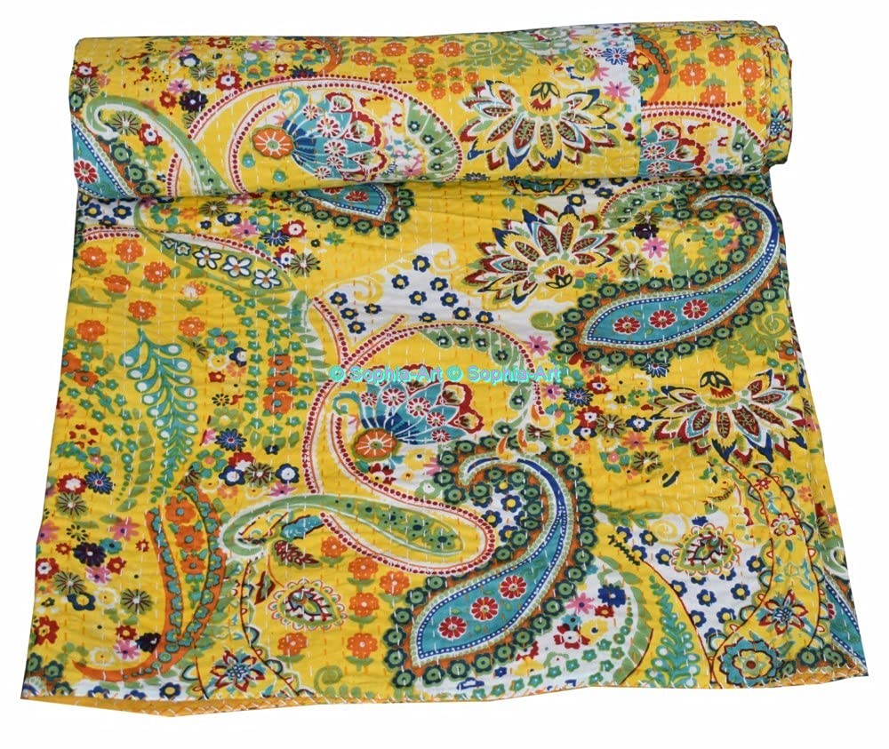 Sophia-Art Indian Handmade Paisley Print King Size Kantha Quilt, Kantha Blanket, Bed Cover, King Kantha Bedspread, Bohemian Bedding Kantha Size 90 Inch x 108 Inch (Multi)