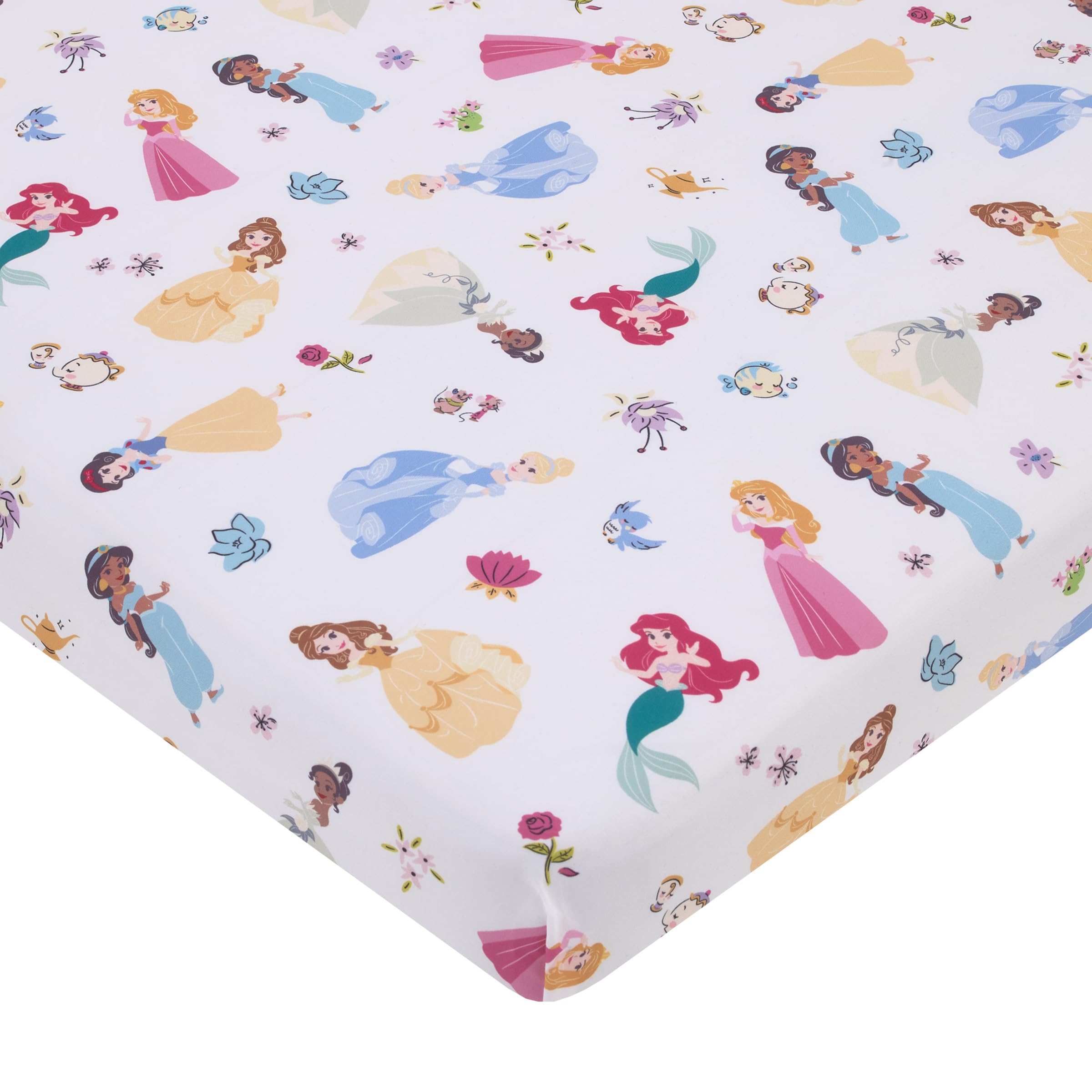 Photo 1 of Disney Princess Pink, Blue, Yellow, and White Super Soft Nursery Fitted Mini Crib Sheet