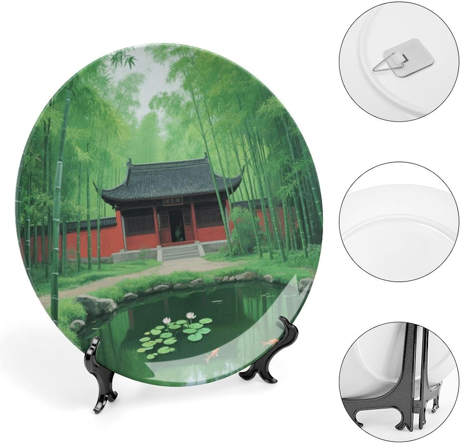 Bone China Decorative Plates Ancient Temple in Bamboo Forest Ceramic Decorative Plate Wall Decor with Display Stand Ceramic Ornaments for Wall Hanging Decoration