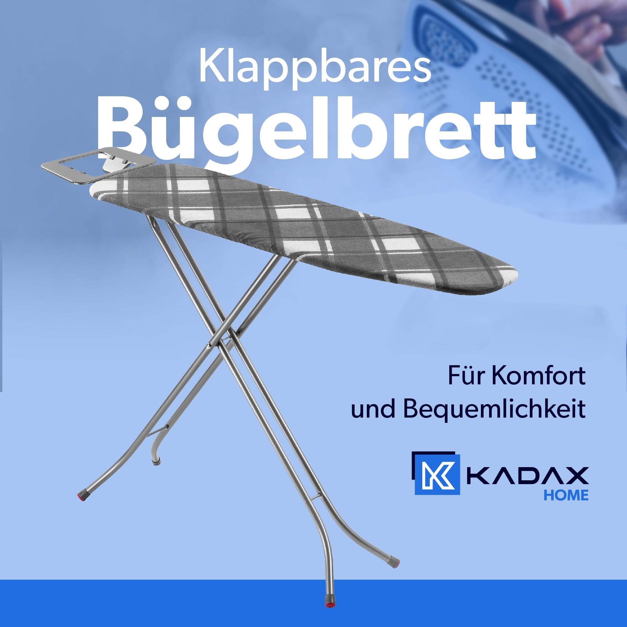 KADAX Bügelbrett groß 114x34cm - Stabiler Bügeltisch für Dampfbügelstation, klappbar, höhenverstellbar, mit Metallgitter & Bügeleisenablage, Made in EU