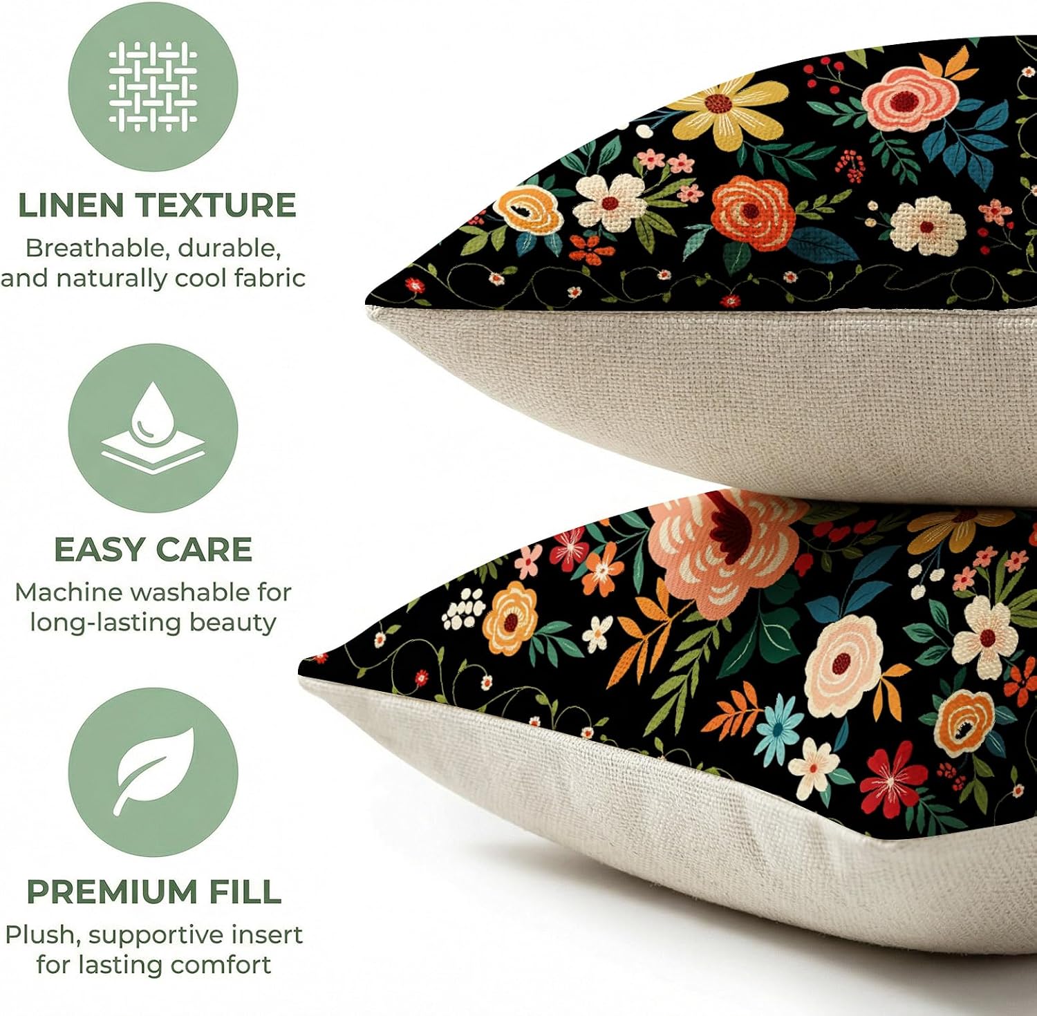 Decorative Linen Check Throw Pillow Covers Bohemian Floral Pattern with Vibrant Roses and Colorful Flowers for Living Room Bedroom Decor