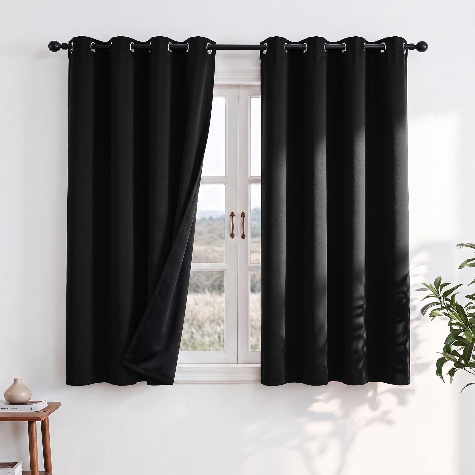 Deconovo 100% Black out Curtains for Bedroom, Thermal Insulated Short Eyelet Black Curtains for Kitchen with Black Backing & Heat Blocking, W46 x L54 Inch, 2 Panels — image 1