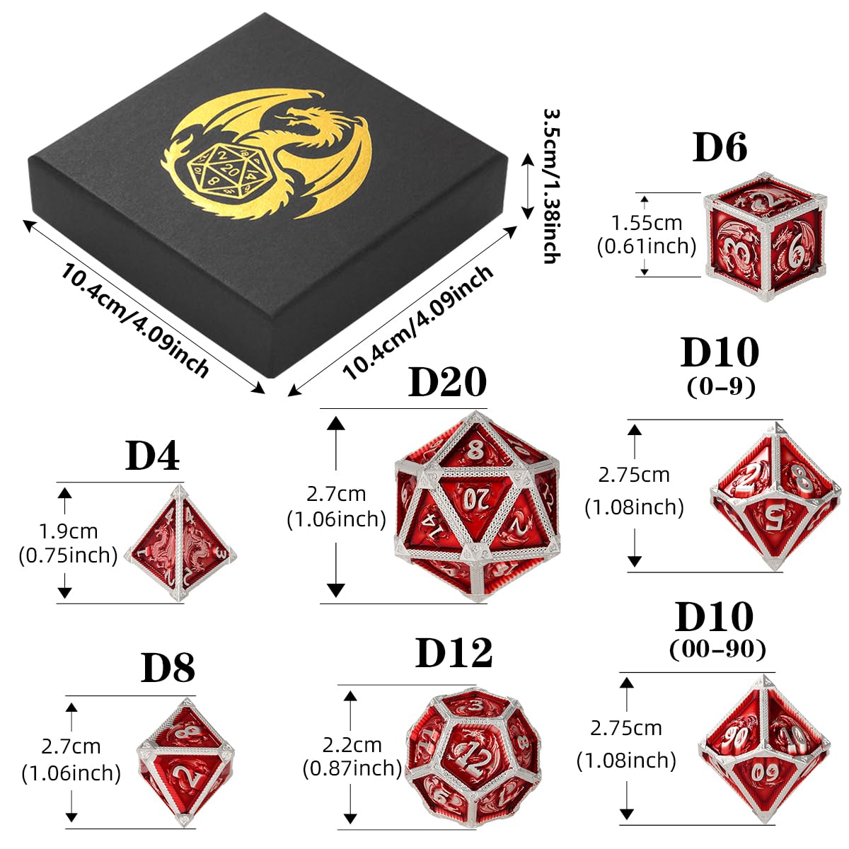 Set di Dadi in Metallo D&D, Modello Drago, 7 pezzi Dadi Poliedrici in Metallo, Accessori per Giochi di Ruolo, Giochi da Tavolo, Regali DND con Scatola Regalo, D20, D12, 2 D10 (00-90 e 0-9), D8, D6, D4