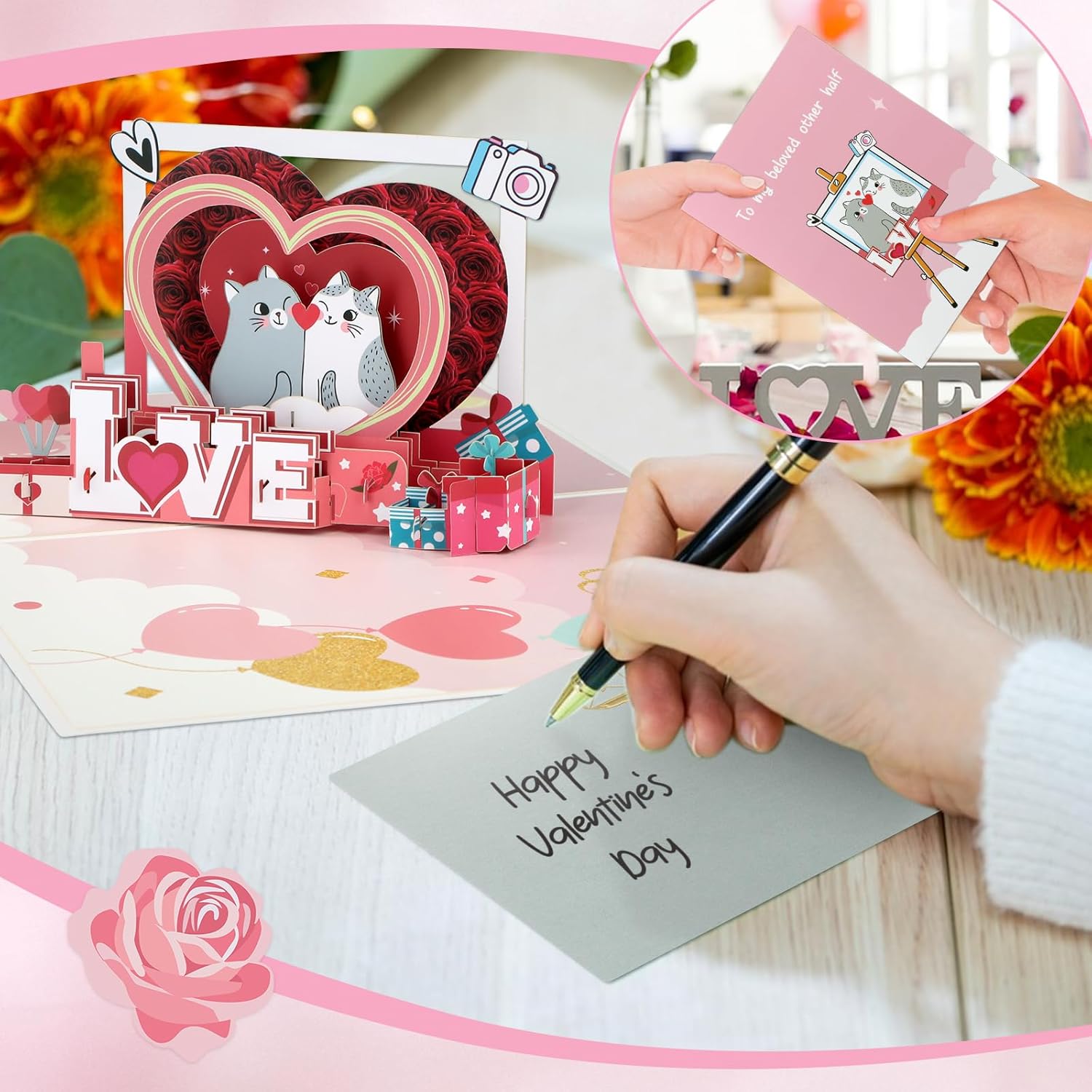 D4DREAM Cat Valentine Card - 6''x 8'' Pop Up Valentines Card with Envelope Romantic Love 3D Cat Anniversary Card for Couple, Valentine's Day Gifts for Husband Wife Boyfriend Girlfriend - Image 3