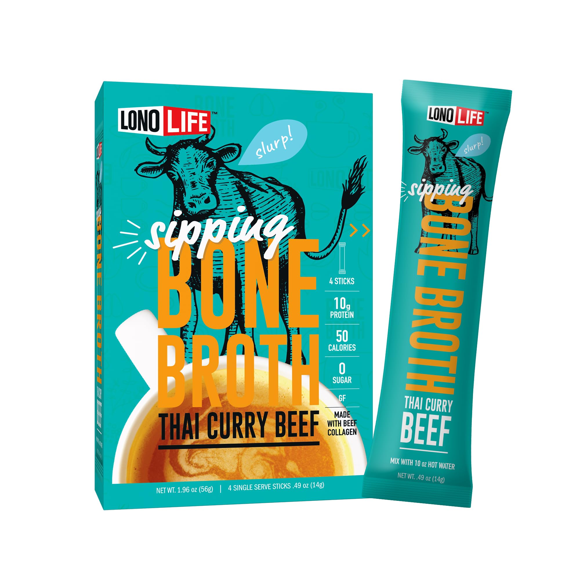 LonoLife Thai Curry Beef Bone Broth Powder Mix | Grass-Fed, 10g Protein | Collagen-Rich, Keto & Paleo Friendly | Natural Ingredients | 4 Portable Stick Pack Servings